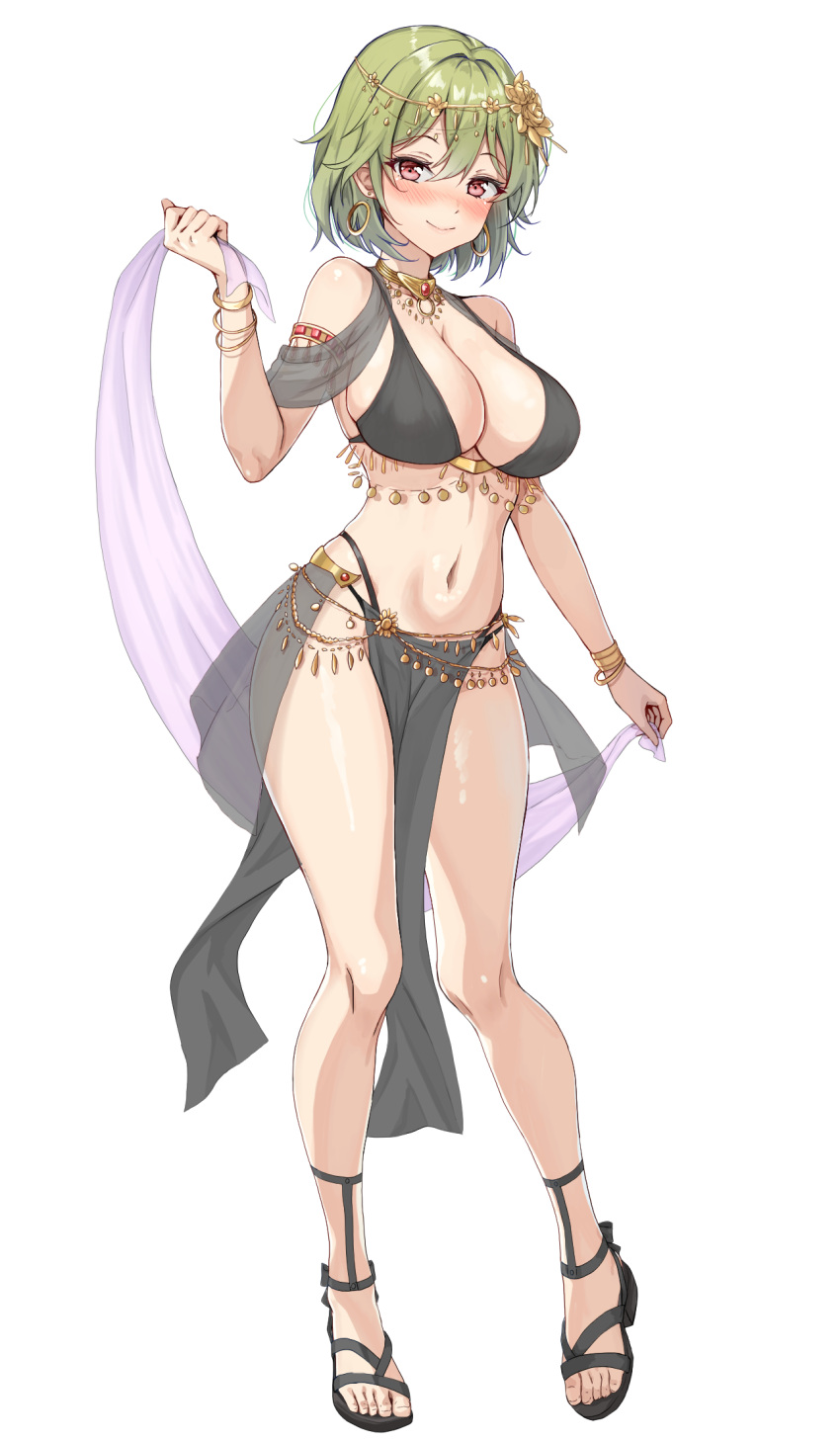 amagi_(amagi626) armlet bracelet breasts dancer earrings female full_body gladiator_sandals green_hair highres jewelry kazami_yuuka large_breasts navel pelvic_curtain red_eyes revealing_clothes sandals see-through_clothes shawl short_hair smile solo touhou variant_set white_background