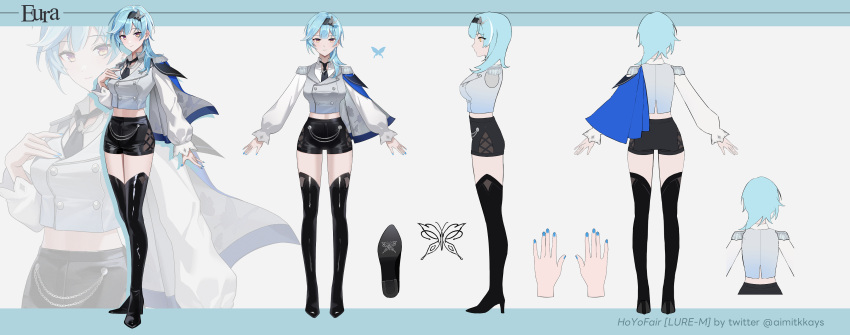 absurdres aimitkkays blue_hair breasts character_profile concept_art crop_top eula_(genshin_impact) female full_body genshin_impact hair_between_eyes high-waist_shorts highres looking_at_viewer medium_breasts medium_hair multiple_views official_alternate_costume reference_sheet shorts thighhighs turnaround