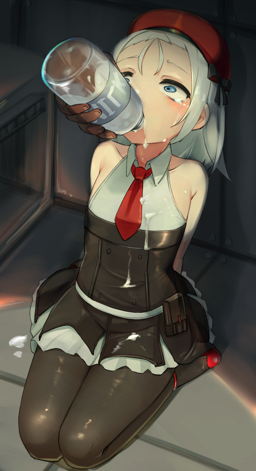 absurdres bare_shoulders beret black_pantyhose blue_eyes bottle collared_shirt constricted_pupils daebom disembodied_hand feeding female force-feeding full_body girls'_frontline hat highres milk milk_bottle mp5_(girls'_frontline) necktie pantyhose red_footwear red_hat red_necktie seiza shirt sitting skirt sleeveless sleeveless_shirt suggestive_fluid tears white_hair white_shirt