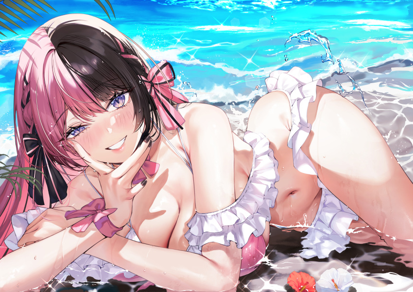 absurdres beach bikini black_hair blush breasts cleavage commentary_request day eichi_(yashokuya) female flower frilled_bikini frills grin hair_ribbon hibiscus highres large_breasts looking_at_viewer lying multicolored_hair navel ocean on_side outdoors palm_tree partially_submerged pink_bikini pink_hair purple_eyes red_flower ribbon smile solo swimsuit tachibana_hinano_(vtuber) tree two-tone_hair virtual_youtuber vspo! wet white_flower