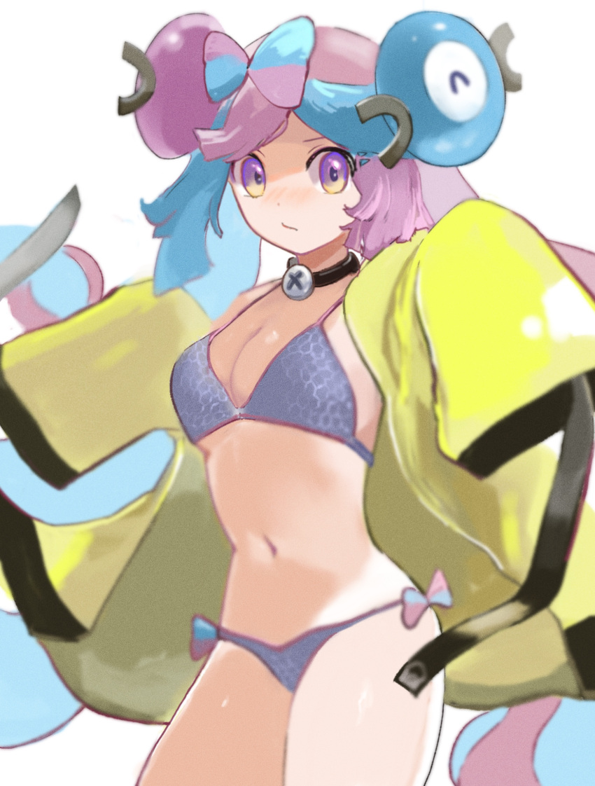 adapted_costume bikini blurry bow-shaped_hair breasts character_hair_ornament cleavage closed_mouth commentary_request cowboy_shot female grey_bikini hair_ornament highres iono_(pokemon) jacket long_hair long_sleeves multicolored_hair navel open_clothes open_jacket pokemon pokemon_sv purple_eyes ringosan2329 sleeves_past_fingers sleeves_past_wrists solo swimsuit twintails two-tone_hair white_background yellow_jacket