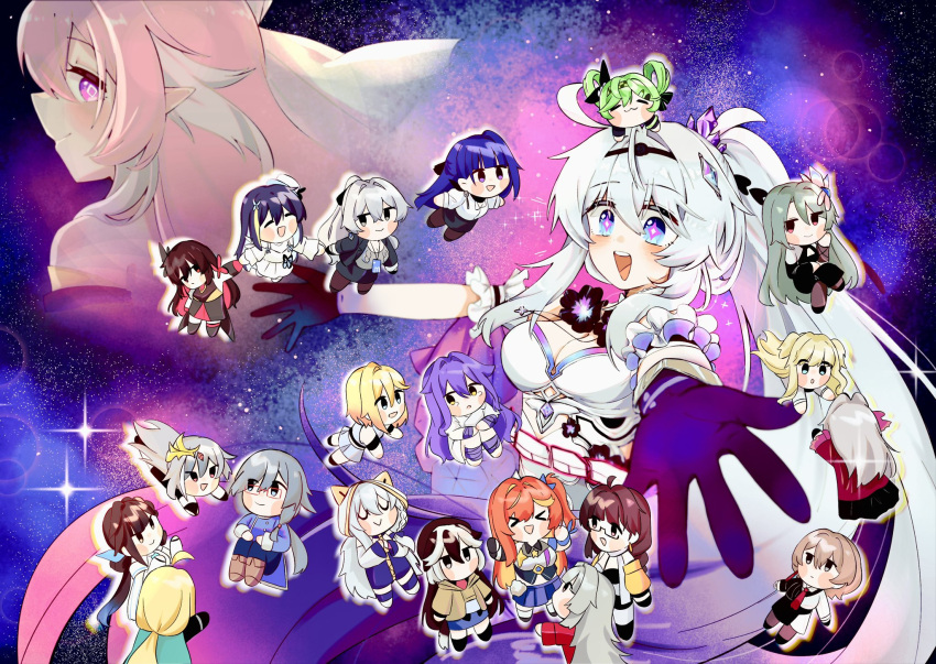 >_< 0_0 6+girls ai_hyperion_lambda animal_hood black_hair black_pantyhose black_skirt blonde_hair blue_hair blue_pants blue_shirt breasts bronya_zaychik bronya_zaychik_(outstanding_attitude) bronya_zaychik_(silverwing:_n-ex) brown_hair cat_hood chibi cleavage coralie_(honkai_impact) crossed_legs diamond-shaped_pupils diamond_(shape) dress durandal_(honkai_impact) elysia_(herrscher_of_human:_ego)_(honkai_impact) elysia_(honkai_impact) entropy_(honkai_impact) female_dreamseeker_(honkai_impact) fu_hua fu_hua_(herrscher_of_sentience) glass green_hair grey_hair grey_sweater helia_(honkai_impact) highres honkai_(series) honkai_impact_3rd hood id_card kiana_kaslana kiana_kaslana_(herrscher_of_finality) lantern_(honkai_impact) li_sushang long_hair medium_breasts mi_(27782900) multicolored_hair multiple_girls open_mouth orange_hair pants pantyhose pencil_skirt pink_hair purple_eyes purple_hands raiden_mei raiden_mei_(apho) red_hair seele_(alter_ego) seele_vollerei senadina_(honkai_impact) shirt short_hair side_ponytail sirin skirt smile songque space star-shaped_pupils star_(symbol) susannah_manatt sweater symbol-shaped_pupils teeth thelema_nutriscu theresa_apocalypse theresa_apocalypse_(schicksal's_imperative) two-tone_hair upper_teeth_only vita_(honkai_impact) white_dress white_hair white_hood