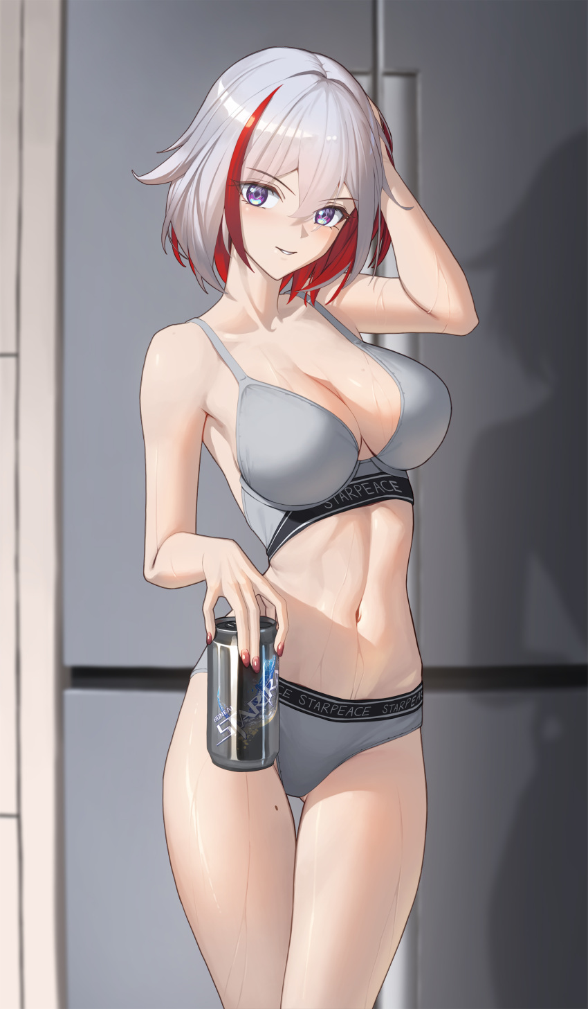 absurdres arm_up bare_shoulders bowlp bra breasts can cleavage clothes_writing colored_inner_hair commission copyright_name cowboy_shot female grey_bra grey_hair grey_panties grin highres holding holding_can honkai:_star_rail honkai_(series) large_breasts looking_at_viewer mole mole_on_thigh multicolored_hair panties pixiv_commission purple_eyes red_hair shadow short_hair smile solo standing streaked_hair thighs topaz_(honkai:_star_rail) underwear