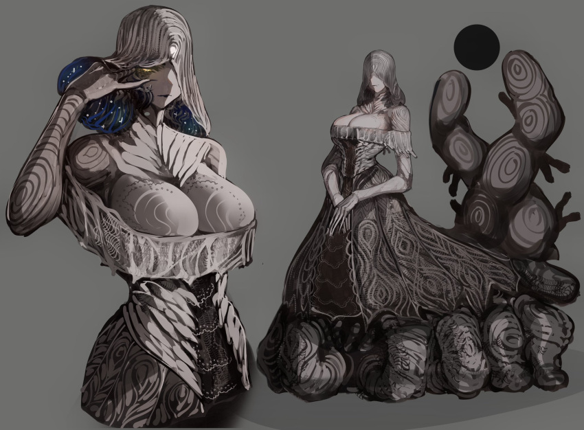 breasts closed_mouth colored_skin dress elden_ring elden_ring:_shadow_of_the_erdtree eldritch_abomination female fingerprint grey_background grey_dress grey_skin highres huge_breasts metyr_mother_of_fingers monster_girl multiple_views off-shoulder_dress off_shoulder personification simple_background tomatolover16 too_many_fingers yellow_eyes