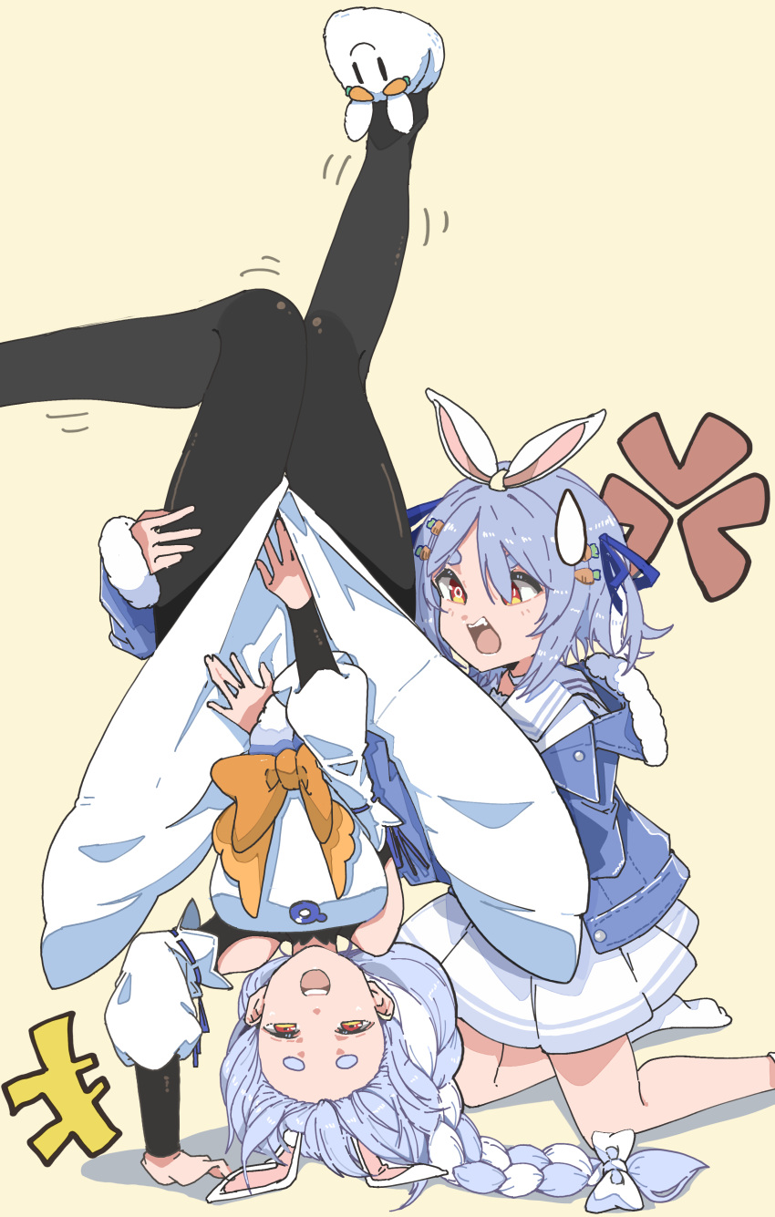 2girls absurdres anger_vein animal_ears balancing black_pantyhose blue_hair blue_jacket braid carrot_hair_ornament clothes_lift dress dress_lift dress_tug food-themed_hair_ornament forehead hair_ornament hairclip handstand highres hololive jacket kneeling knees_together_feet_apart legs long_hair miniskirt mother_and_daughter multicolored_hair multiple_girls one_arm_handstand open_mouth pantyhose panyatteria pekomama pleated_skirt rabbit_ears rabbit_girl red_eyes ribbon shirt short_hair skirt slippers smile socks sweatdrop thick_eyebrows thighs two-tone_hair two_side_up upside-down usada_pekora virtual_youtuber white_dress white_footwear white_hair white_shirt white_skirt white_socks