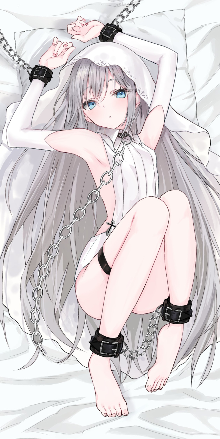 absurdres armpits backless_shirt barefoot blue_eyes bound bound_ankles bound_wrists breasts chain_leash chained chains collared_shirt cuffs detached_sleeves feet female grey_hair head_tilt highres knees_up leash legs_together long_hair looking_at_viewer lying on_back original parted_lips pillow rei_wakasagi shackles shirt small_breasts solo thigh_strap toes very_long_hair white_veil