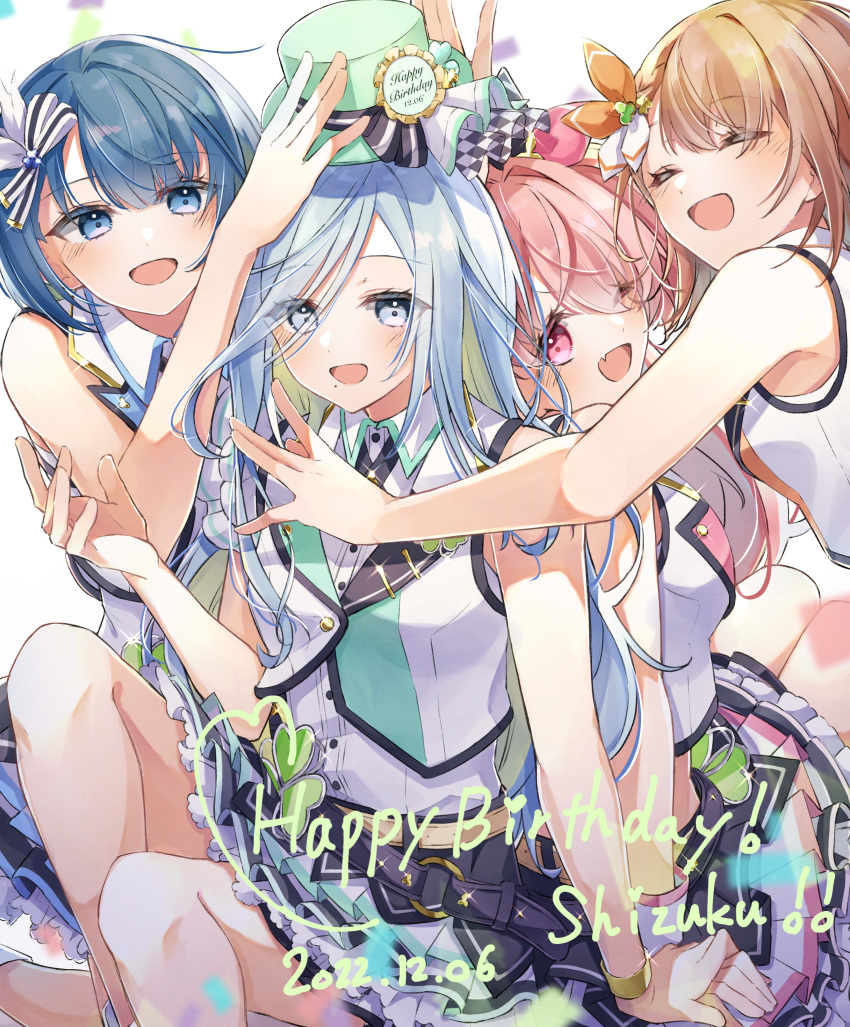 4girls absurdres aqua_eyes aqua_hair bare_arms bare_shoulders blue_eyes blue_hair breasts brown_hair closed_eyes frills hanasato_minori happy_birthday hat highres hinomori_shiho hinomori_shizuku kiritani_haruka looking_at_viewer medium_breasts momoi_airi more_more_jump!_(project_sekai) multiple_girls one_eye_closed open_mouth pink_eyes pink_hair project_sekai simple_background skirt sleeveless thighhighs thighs wanderlands_k white_background