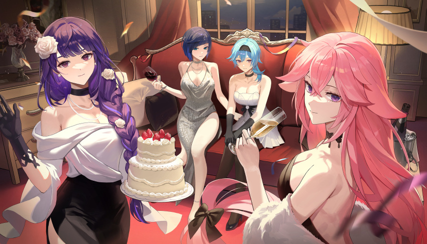 4girls aimitkkays alcohol alternate_costume black_choker black_dress black_gloves black_pantyhose black_skirt blue_eyes blue_hair bottle breasts cake champagne_flute choker cleavage closed_mouth commentary_request contemporary couch cup curtains dress drinking_glass eula_(genshin_impact) evening_gown floor_lamp food genshin_impact gloves grey_dress highres holding holding_cake holding_cup holding_food ice_bucket indoors jewelry large_breasts long_hair looking_at_viewer low-tied_long_hair medium_hair multiple_girls necklace night off-shoulder_shirt off_shoulder on_couch pantyhose pearl_necklace pink_hair purple_eyes purple_hair raiden_shogun shirt side_slit sitting skirt standing strapless strapless_dress white_dress white_shirt window wine wine_bottle wine_glass yae_miko yelan_(genshin_impact)