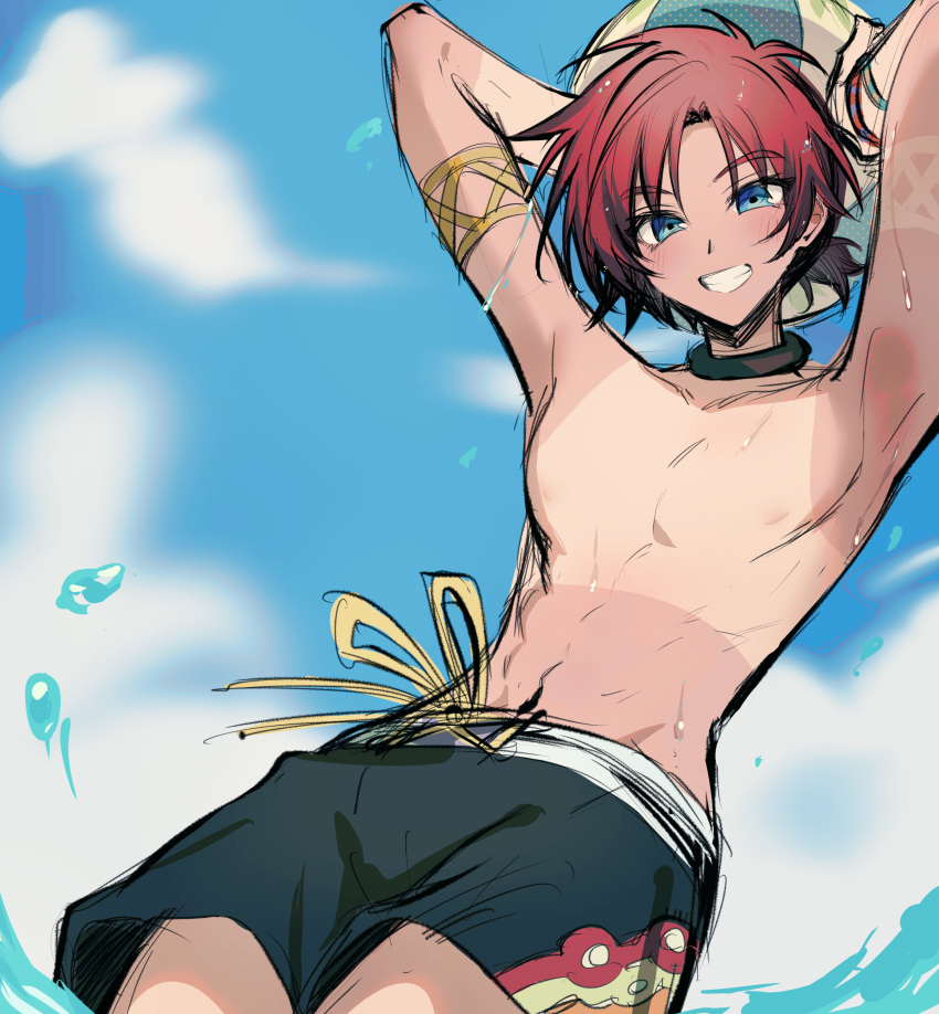 1boy absurdres akimachi armlet arms_up ball beachball blue_eyes blue_sky blush bracelet choker from_below happy highres holding holding_ball holding_beachball jewelry looking_at_viewer low_ponytail male_focus male_swimwear outdoors red_hair reid_hershel short_hair sky smile solo summer sweat swim_trunks tales_of_(series) tales_of_eternia teeth topless_male water water_drop wet