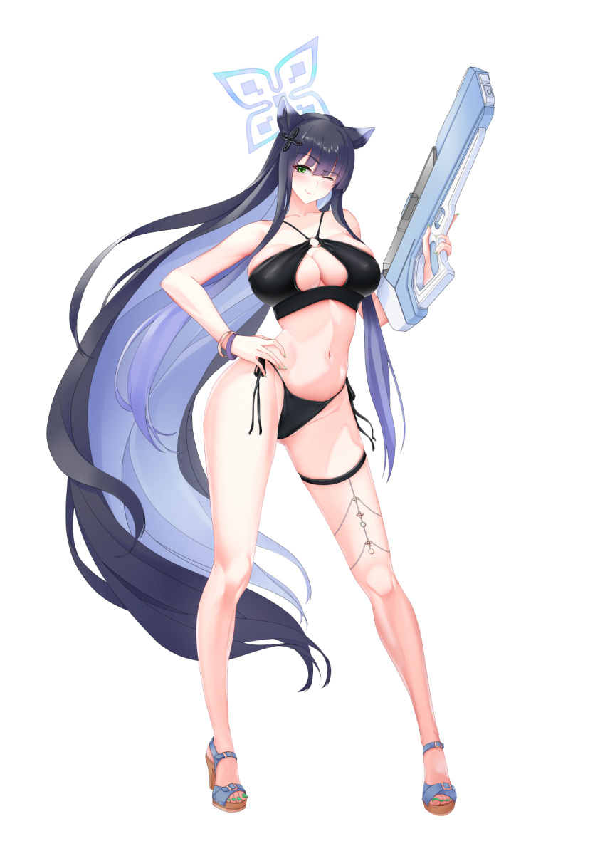 alternate_costume animal_ears bikini black_bikini black_hair blue_archive blue_halo breasts cleavage cleavage_cutout clothing_cutout colored_inner_hair contrapposto crazyskull extra_ears female full_body green_eyes halo hand_on_own_hip highres holding holding_water_gun large_breasts long_hair multicolored_hair o-ring o-ring_bikini shun_(blue_archive) side-tie_bikini_bottom solo swimsuit tiger_ears tiger_girl water_gun