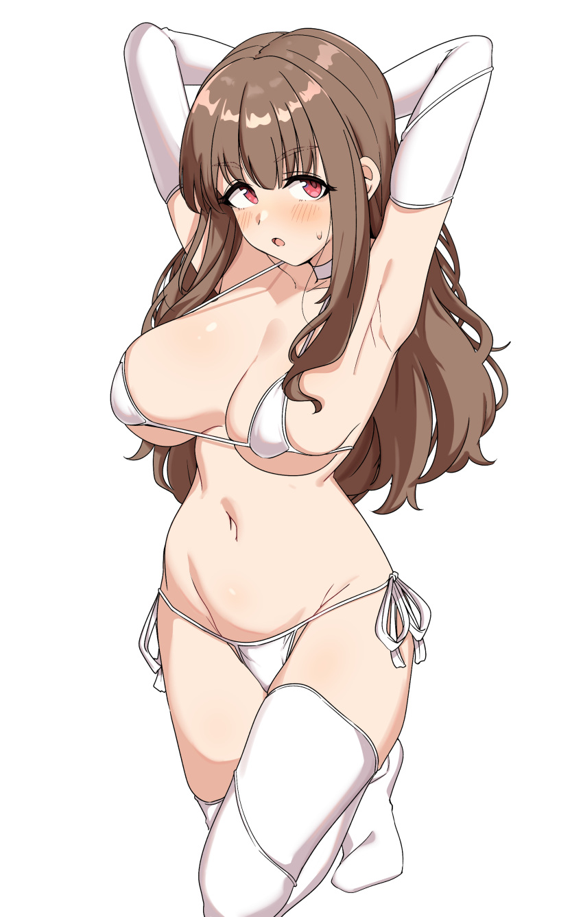 :o absurdres armpits arms_up bikini breasts brown_hair choker cleavage elbow_gloves female gloves highres idolmaster idolmaster_cinderella_girls kamiya_nao large_breasts long_hair looking_at_viewer micro_bikini navel open_mouth red_eyes seihekiog side-tie_bikini_bottom simple_background solo stomach swimsuit thighhighs thighs underboob white_background white_bikini white_choker white_gloves white_thighhighs