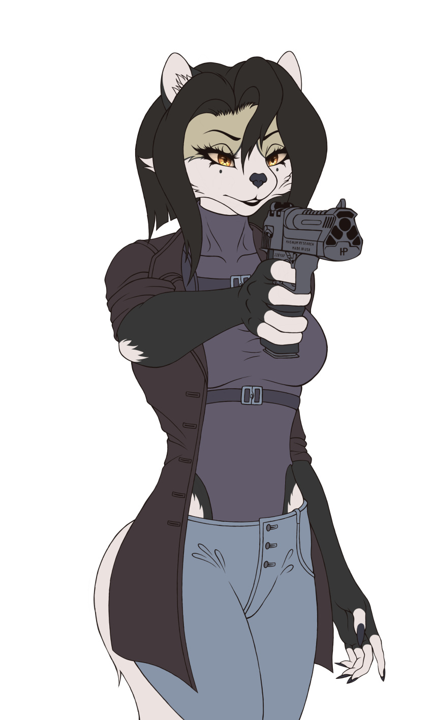 absurd_res anthro bottomwear clothing coat denim denim_bottomwear denim_clothing desert_eagle female gun handgun hermitpioneer hi_res hyena jeans mammal mustelid otter pants pistol raincoat ranged_weapon solo topwear weapon