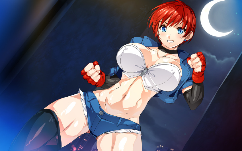 blue_eyes bra breasts clover_(game_cg) cowboy_shot denim denim_jacket female fingerless_gloves full_body gloves hand_on_own_hip highres jacket kei_(smash_daisaku) looking_at_viewer looking_back non-web_source original red_hair reference_sheet shoes short_hair shorts smash_daisaku sneakers thighhighs underwear