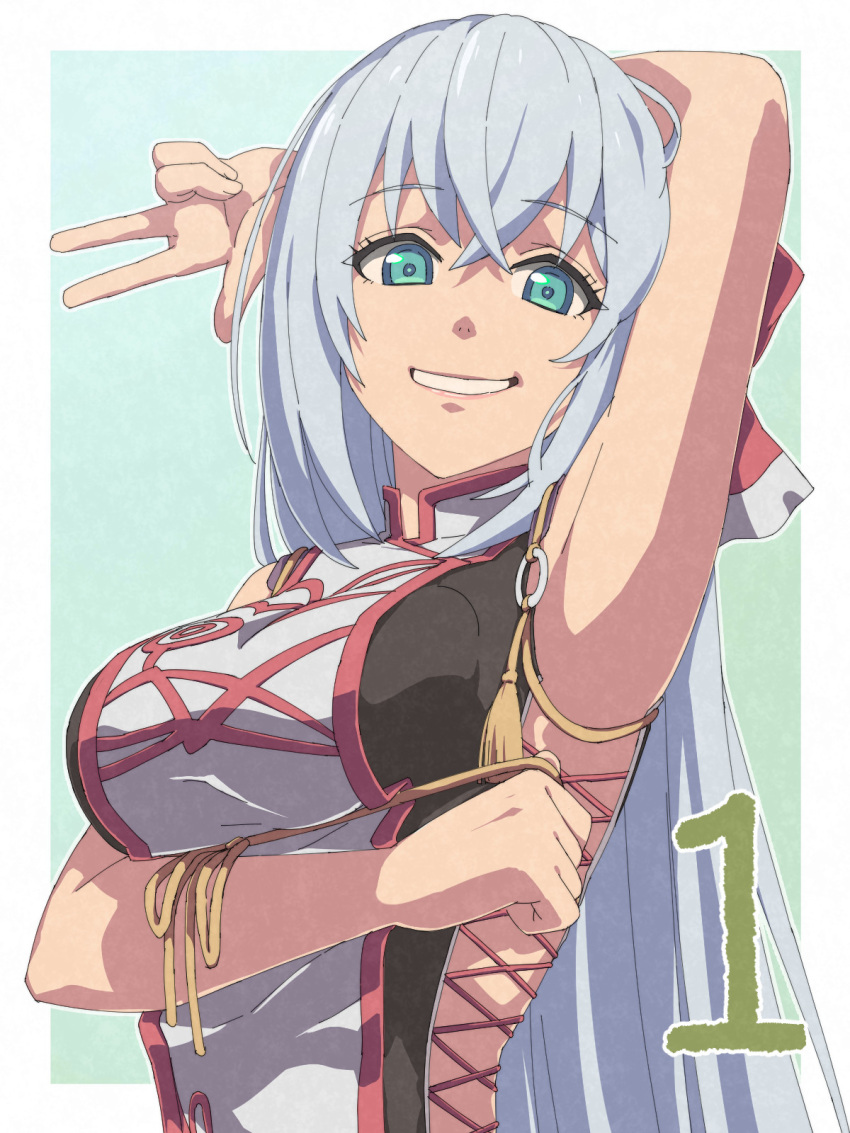 arm_behind_head armpits arms_under_breasts blue_eyes border breasts chiharu_(9654784) commentary_request countdown cross-laced_slit crossed_bangs eiyuu_densetsu eyelashes female grey_hair highres kai_no_kiseki kuro_no_kiseki_(series) large_breasts long_hair looking_at_viewer outside_border presenting_armpit raised_eyebrows red_trim shizuna_rem_misurugi smile solo upper_body w white_border