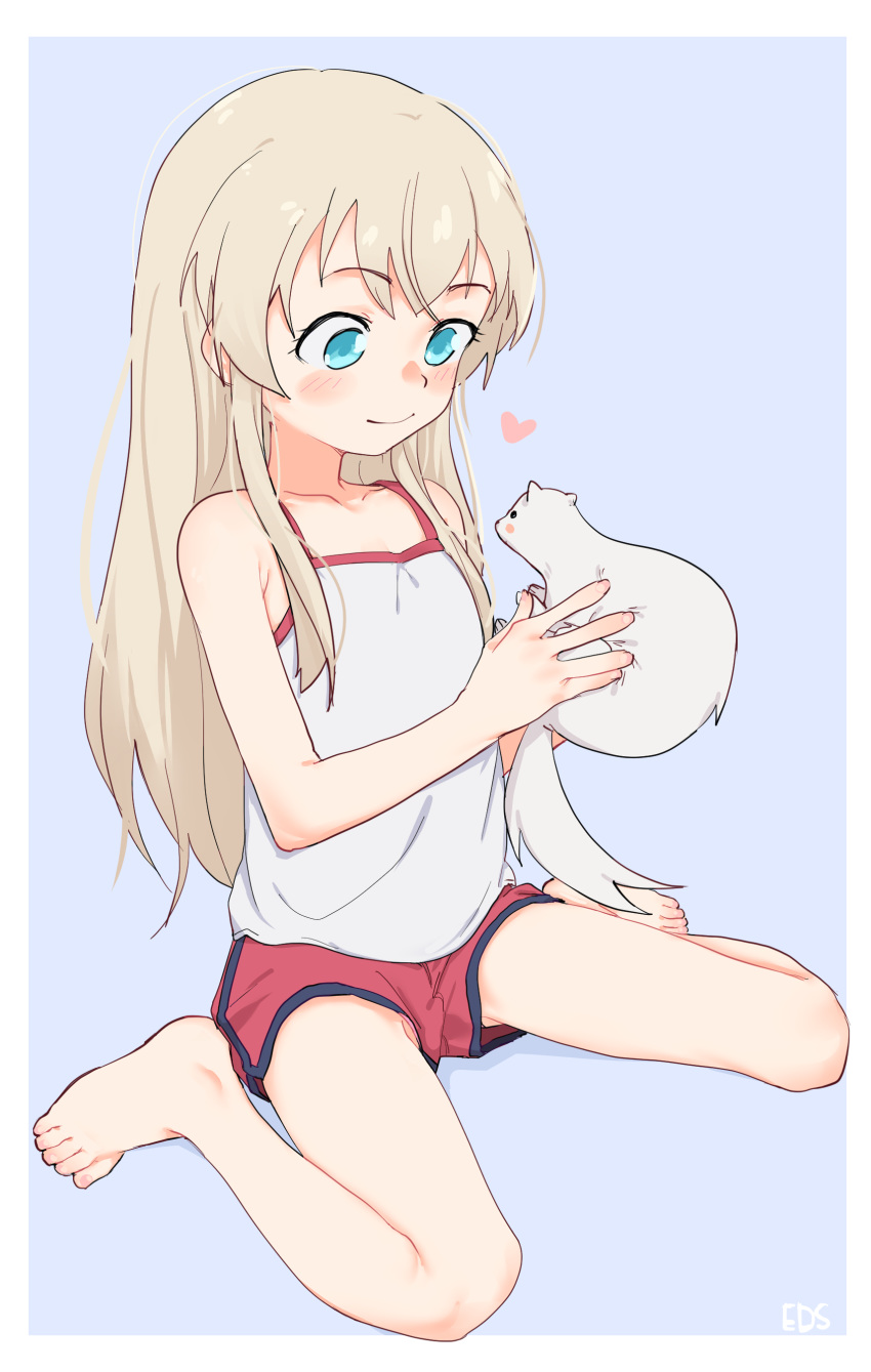 absurdres animal barefoot blonde_hair blue_eyes blush camisole closed_mouth eds feet female ferret heart highres kumagorou long_hair red_shorts shorts simple_background sleeveless smile takanashi_misha toes uchi_no_maid_ga_uzasugiru!