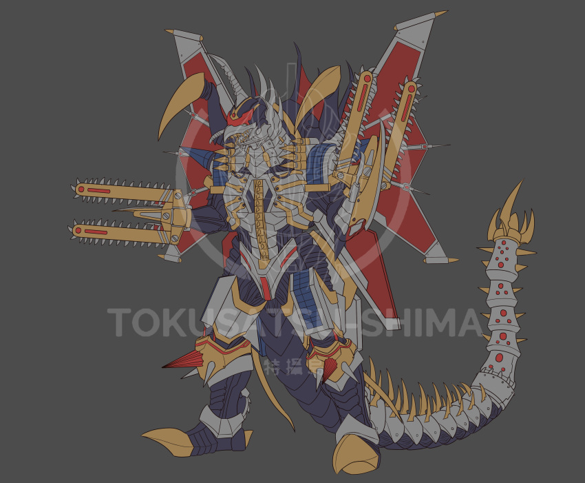 absurdres arm_blade armor claws cyborg drill fangs full_body fusion gigan godzilla_(series) godzilla_vs._king_ghidorah godzilla_vs._mechagodzilla godzilla_vs._spacegodzilla godzilla_vs_gigan highres horns kaijuu mecha mecha-king_ghidorah mechagodzilla mogera_(mecha) monochrome monster no_humans open_mouth red_eyes robot sharp_teeth single_horn solo spikes standing sword tail teeth tokusatsu tokusatsushima weapon wings