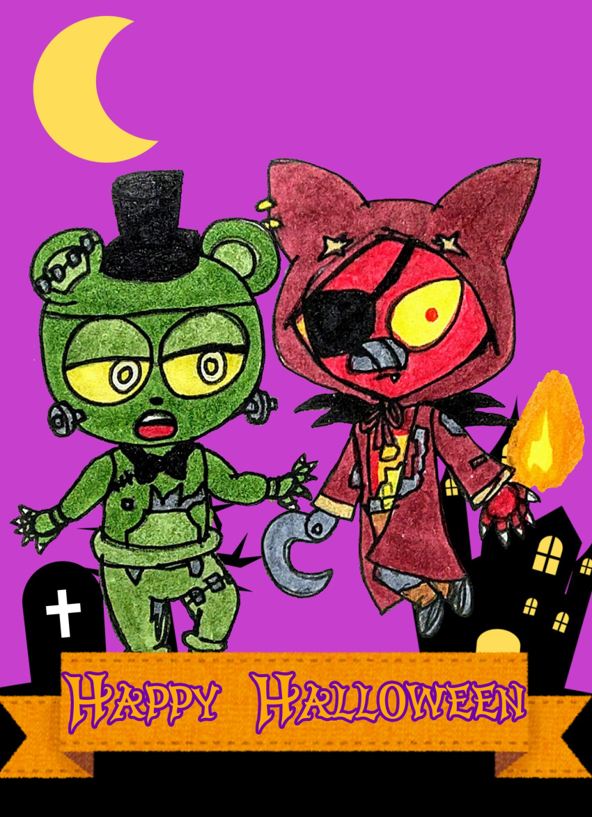 animatronic anonymous_artist anthro bear canid canine chibi clothed clothing deformer dreadbear_(fnaf) duo five_nights_at_freddy's five_nights_at_freddy's_vr:help_wanted fox grim_foxy_(fnaf) halloween hi_res holidays machine male mammal robot scottgames yuuki_momofox_(artist)