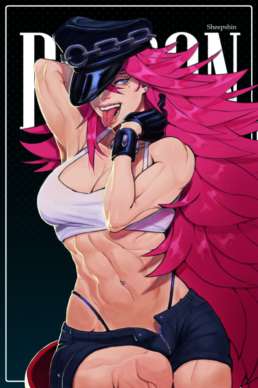 abs absurdres arm_behind_head armpits artist_name big_hair black_gloves black_hat black_shorts blue_eyes breasts character_name cleavage crop_top english_commentary eyeliner female final_fight gloves hat hat_over_one_eye highleg highleg_panties highres linea_alba lips long_hair makeup medium_breasts mole mole_under_eye muscular muscular_female naughty_face navel navel_piercing open_fly panties panty_straps peaked_cap piercing pink_hair poison_(final_fight) sheep_shin shorts solo street_fighter street_fighter_iv_(series) studded_bracelet tank_top teeth tongue tongue_out tongue_piercing underwear very_long_hair white_tank_top