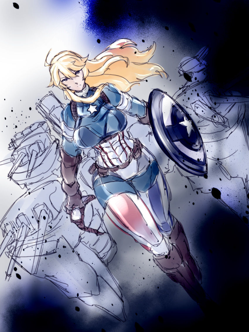 ahoge blonde_hair blue_eyes breasts captain_america captain_america_(cosplay) commentary_request cosplay dandara_(karakure) female flight_goggles highres iowa_(kancolle) kantai_collection large_breasts long_hair marvel shield solo unworn_eyewear