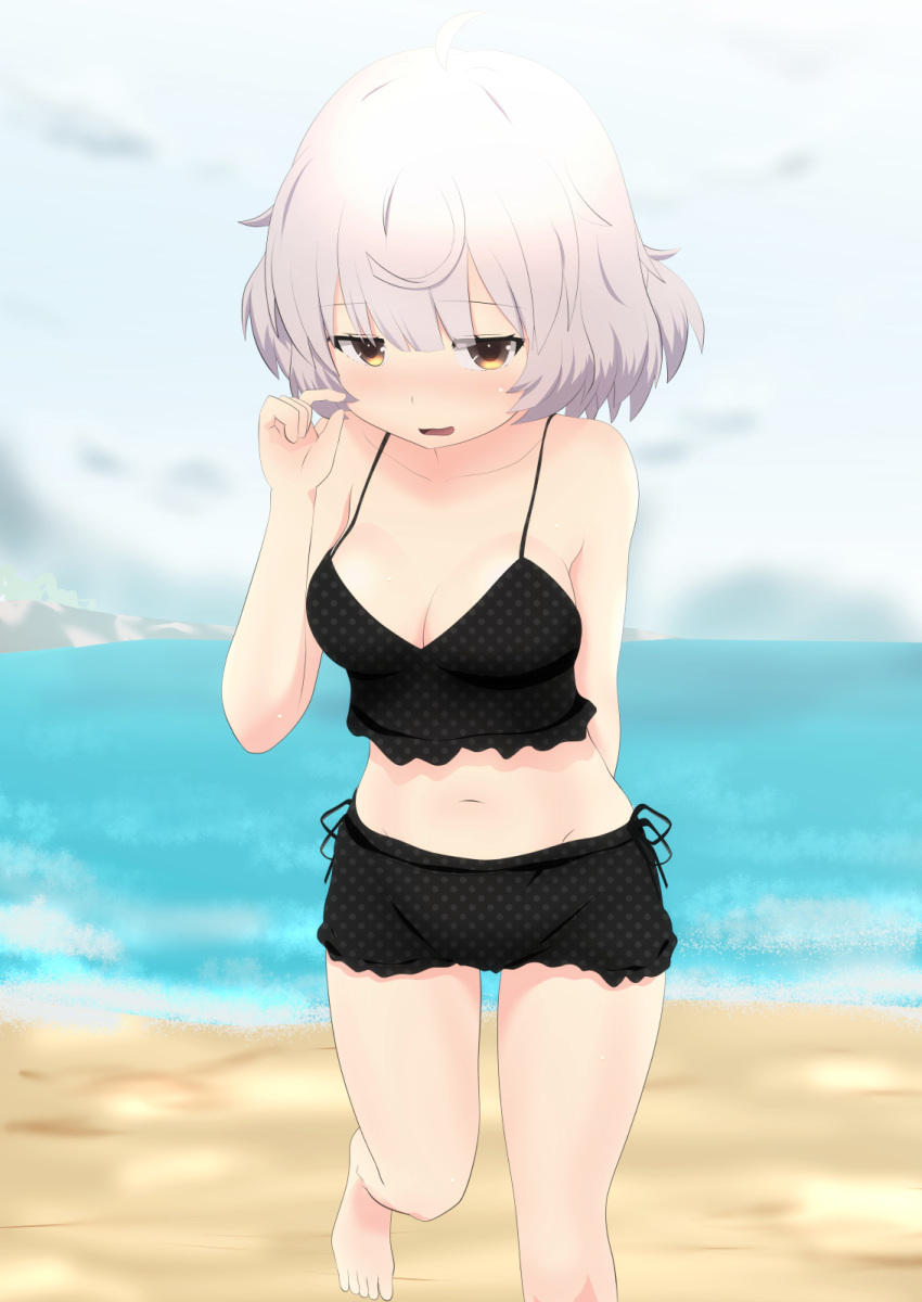 ahoge alternate_costume arm_behind_back beach bikini bikini_shorts black_bikini blunt_bangs blurry blurry_background breasts cleavage cowboy_shot cowlick female grey_hair hand_up highres leg_up looking_at_viewer magia_record:_mahou_shoujo_madoka_magica_gaiden mahou_shoujo_madoka_magica midriff miwa_mitsune navel ocean orange_eyes outdoors pinching polka_dot polka_dot_bikini rushou_kei sand short_hair shorts side-tie_bikini_bottom sky solo swimsuit wavy_mouth