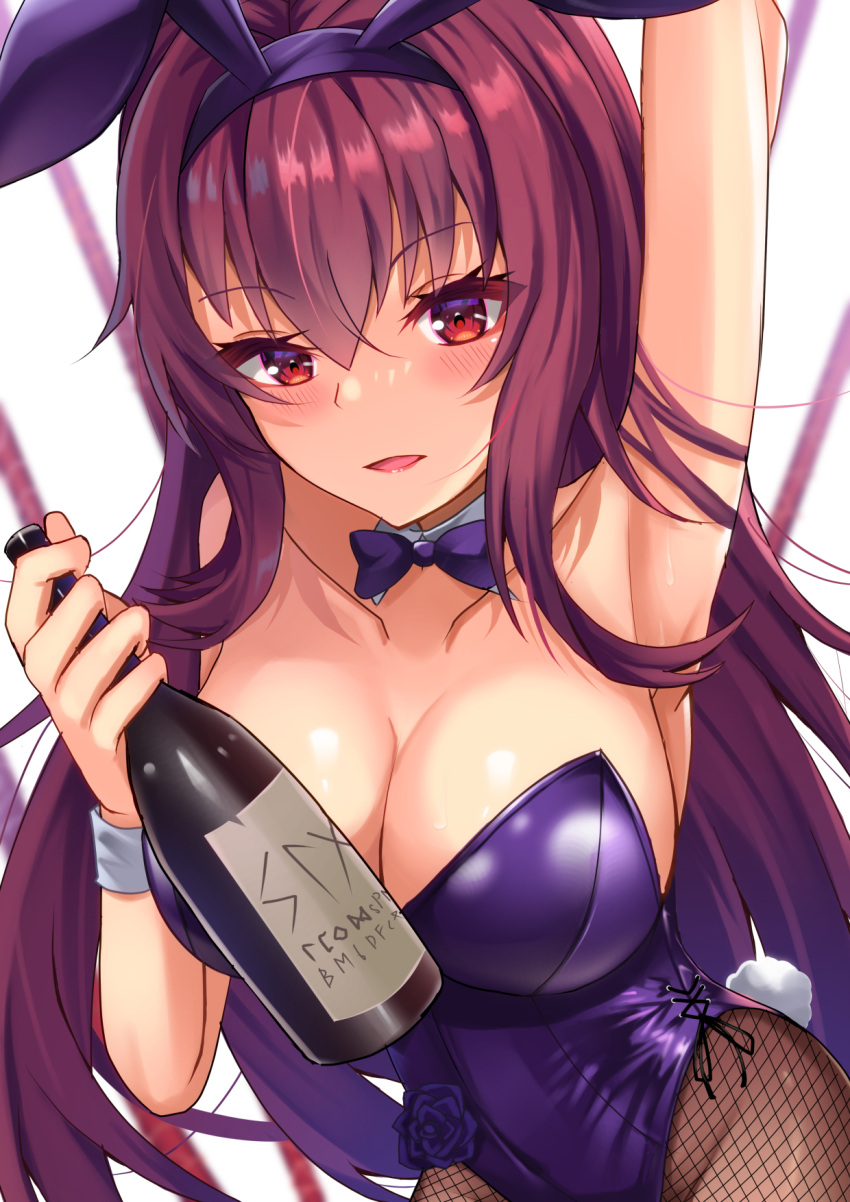 animal_ears armpits bottle bow bowtie breasts cleavage detached_collar fake_animal_ears fate/grand_order fate_(series) female gae_bolg_(fate) hairband highleg highleg_leotard highres large_breasts leotard official_alternate_costume parted_lips playboy_bunny polearm purple_bow purple_bowtie purple_hairband purple_leotard rabbit_ears scathach_(fate) scathach_(piercing_bunny)_(fate) side-tie_leotard solo spear strapless strapless_leotard weapon wine_bottle wrist_cuffs zacky