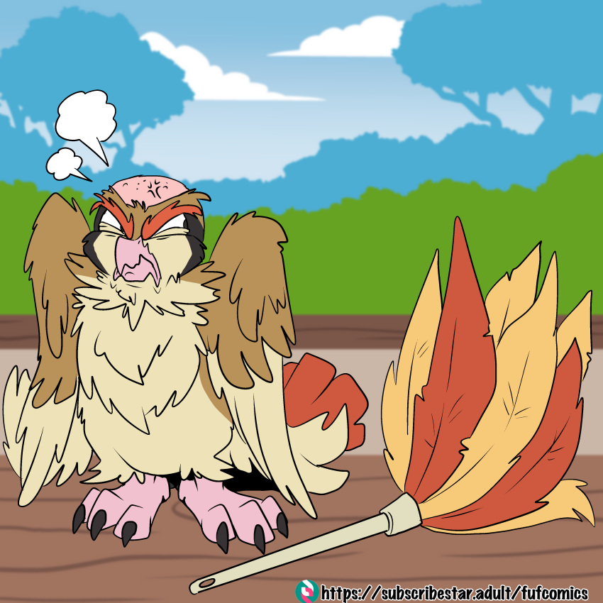 2024 ambiguous_gender angry avian_feet bald beak bipedal_feral brown_body chest_tuft cleaning_tool countershade_face countershade_torso countershading cross-popping_vein feather_duster feathered_wings feathers feral front_view fuf furniture hi_res humor looking_at_object multicolored_body nintendo on_table pokemon pokemon_(species) sitting sitting_on_table solo species_request table tail tail_feathers tuft two_tone_body white_body white_countershading wings