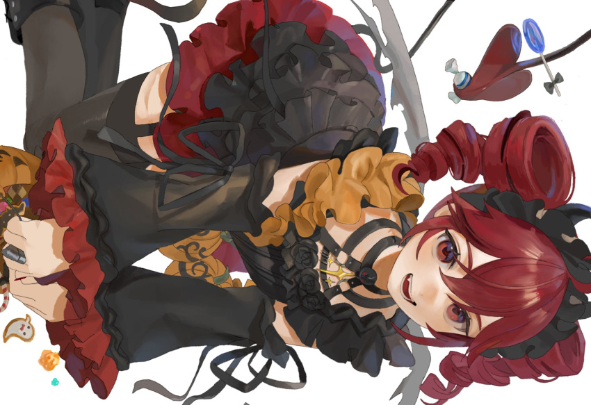 black_dress black_thighhighs boots breasts bucket candy demon_tail detached_sleeves dress drill_hair female food frilled_dress frilled_hairband frills garter_straps hairband halloween_bucket highres holding holding_bucket holding_with_tail kasane_teto layered_dress looking_at_viewer mepo_1 oerba_yun_fang official_alternate_costume open_mouth prehensile_tail red_eyes red_hair short_hair sidelocks sideways sleeveless sleeveless_dress small_breasts smile solo tail thighhighs twin_drills utau