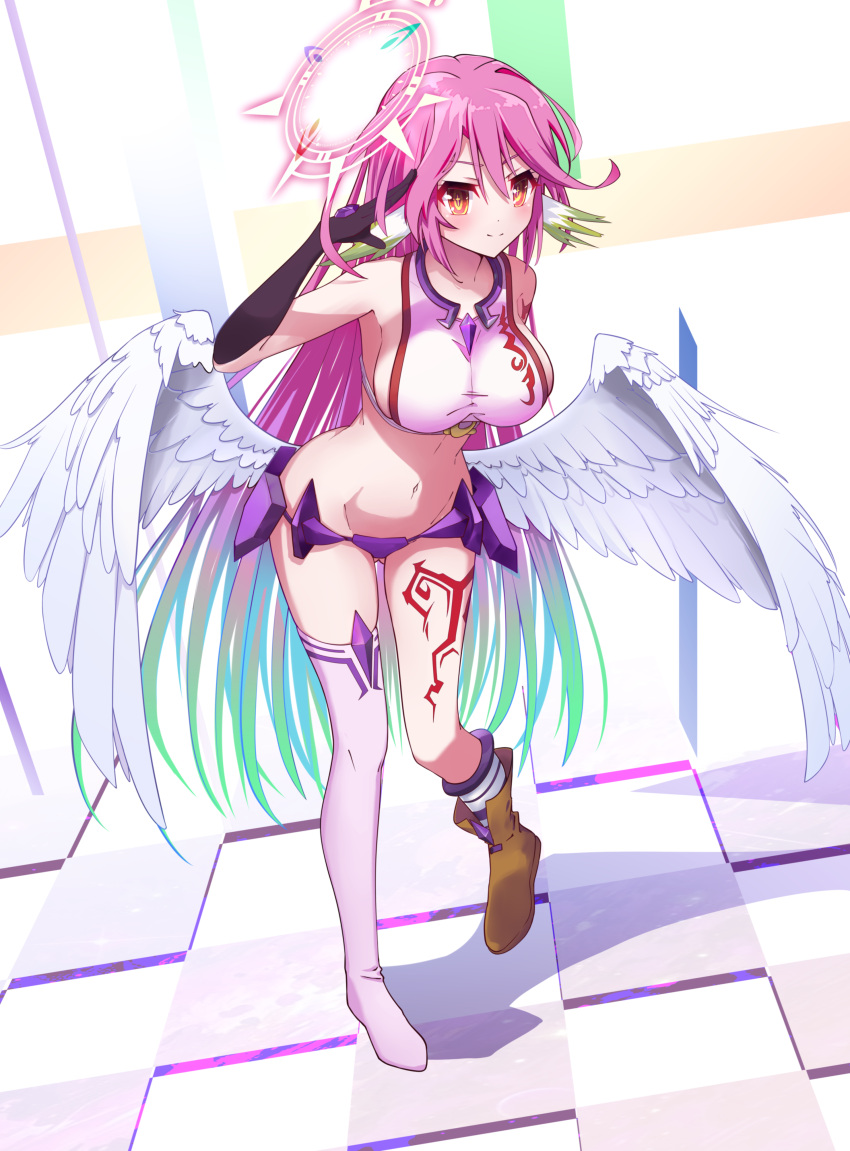 absurdres angel angel_wings arm_up asymmetrical_legwear bare_shoulders black_gloves boots breasts brown_footwear chinese_commentary closed_mouth commentary_request cropped_shirt elbow_gloves feathered_wings female full_body gloves gradient_hair groin hair_between_eyes halo highres ittentoppa jibril_(no_game_no_life) knee_boots kneehighs large_breasts leg_tattoo long_hair looking_at_viewer low_wings midriff mismatched_legwear multicolored_hair navel no_game_no_life pink_hair purple_thighhighs salute shadow shirt sideboob sidelocks single_boot single_knee_boot single_kneehigh single_sock single_thighhigh skindentation sleeveless sleeveless_shirt smile socks solo spiked_halo standing standing_on_one_leg striped_clothes striped_socks tattoo taut_clothes taut_shirt thighhighs very_long_hair white_shirt white_wings wing_ears wings yellow_eyes