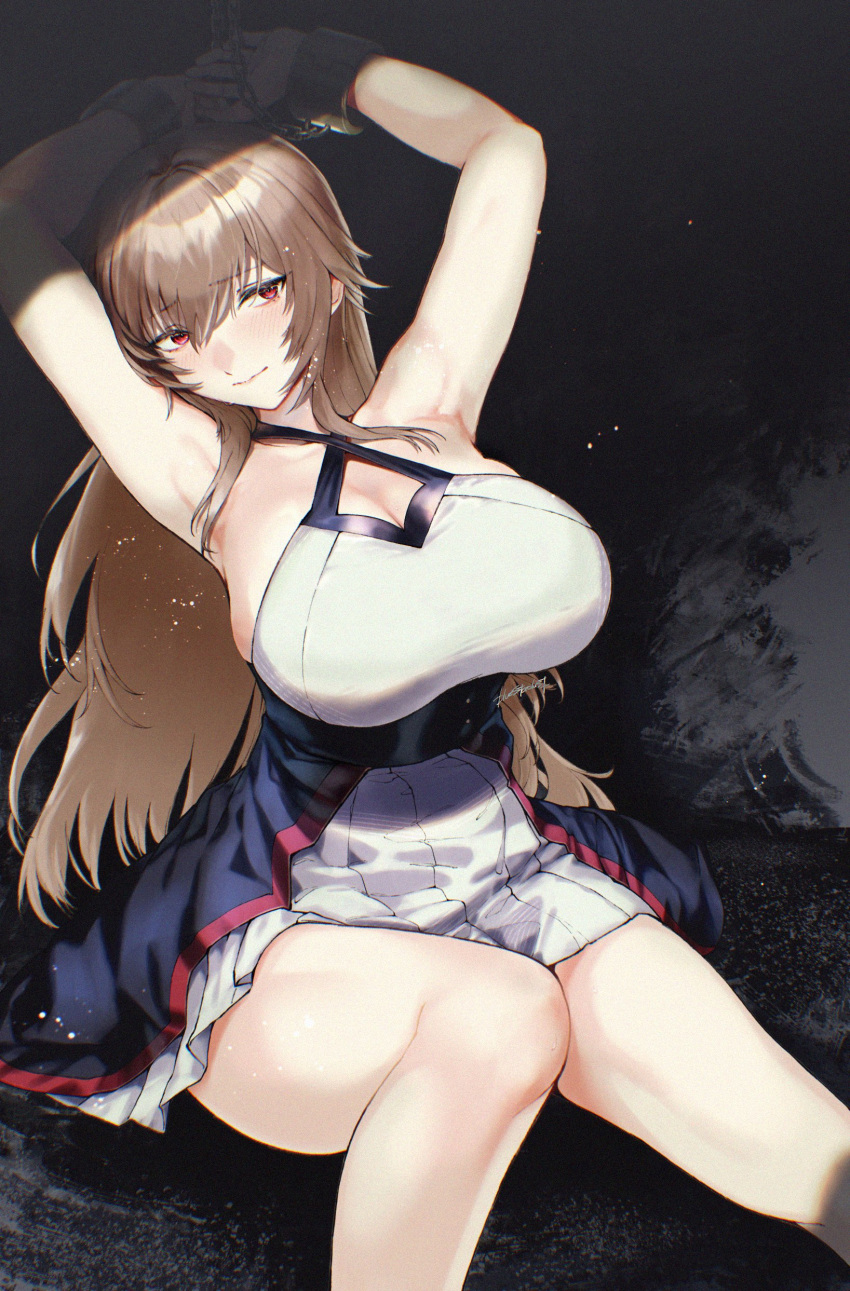 absurdres armpits arms_up bound bound_wrists breasts brown_hair chains cleavage closed_mouth dark_background dress female furen_e_lustario highres kojima_(blue_stardust) large_breasts light_smile long_hair nijisanji red_eyes shade sitting sleeveless sleeveless_dress thick_thighs thighs