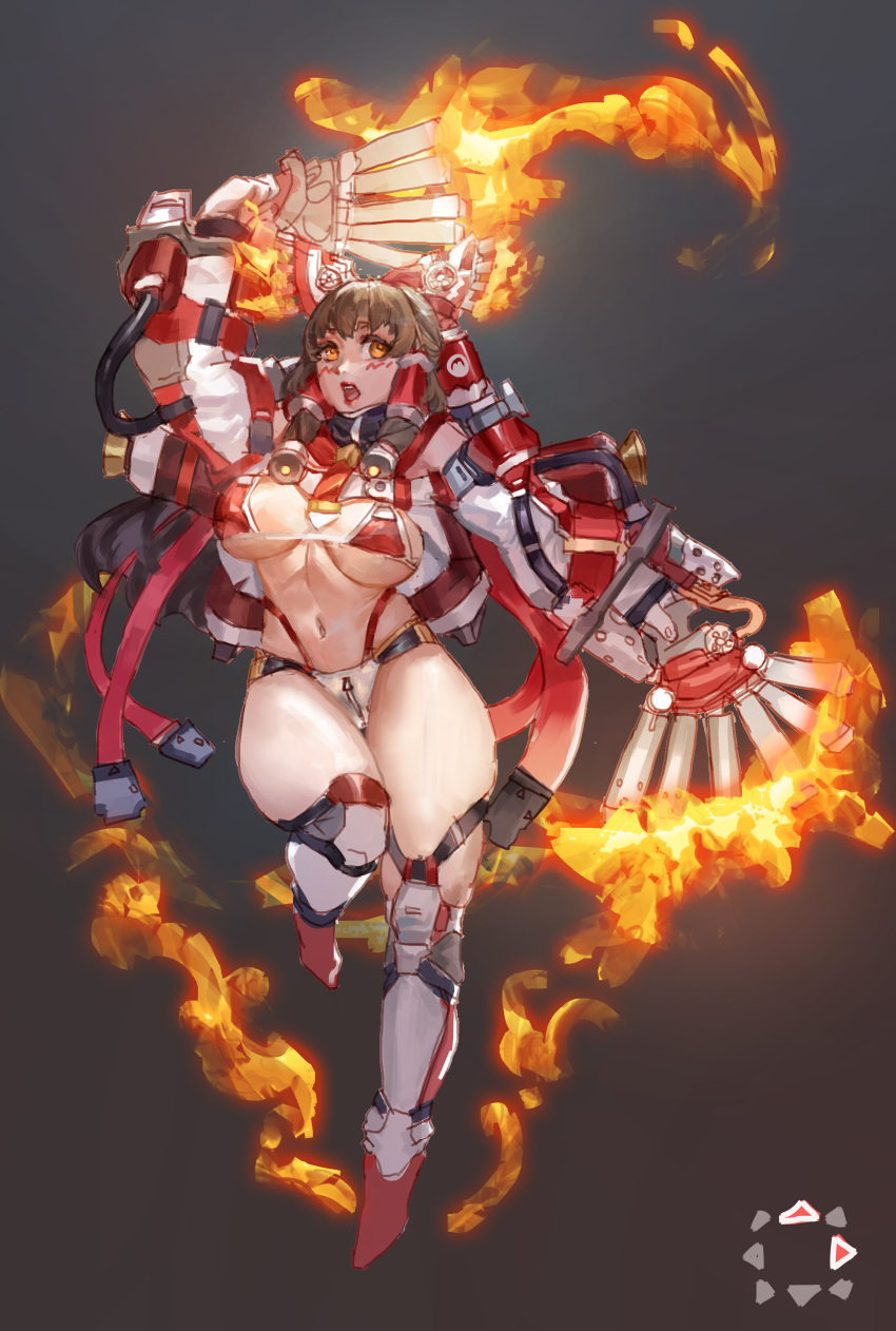 absurdres alternate_costume armored_boots bikini blush boots bow breasts brown_background brown_eyes brown_hair commentary_request cookie_(touhou) d_tomoki detached_sleeves female fire flamethrower full_body gauntlets grey_background hairbow hakurei_reimu highres kanna_(cookie) large_breasts lips looking_afar looking_to_the_side mismatched_bikini navel open_mouth red_bikini red_bow solo swimsuit touhou weapon white_bikini white_sleeves