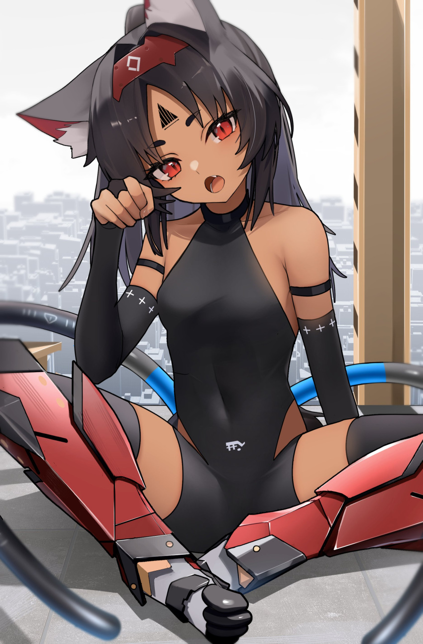 absurdres animal_ear_fluff animal_ears black_hair cat_ears cat_girl covered_navel dark-skinned_female dark_skin facial_mark female forehead_mark full_body highres long_hair looking_at_viewer multiple_tails nekomiya_mana oerba_yun_fang open_mouth parted_bangs red_eyes sidelocks sitting solo tail thomas_8000 two_tails zenless_zone_zero