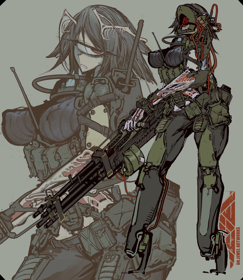 absurdres antennae armor artist_logo belt_pouch body_armor breasts cable commentary_request covered_nipples cyclops female full_body gatling_gun gun hair_ornament helmet highres holding holding_gun holding_weapon juerucj load_bearing_vest looking_at_viewer medium_hair military monster_girl one-eyed original pouch power_armor projected_inset simple_background sweatdrop tactical_clothes weapon wire