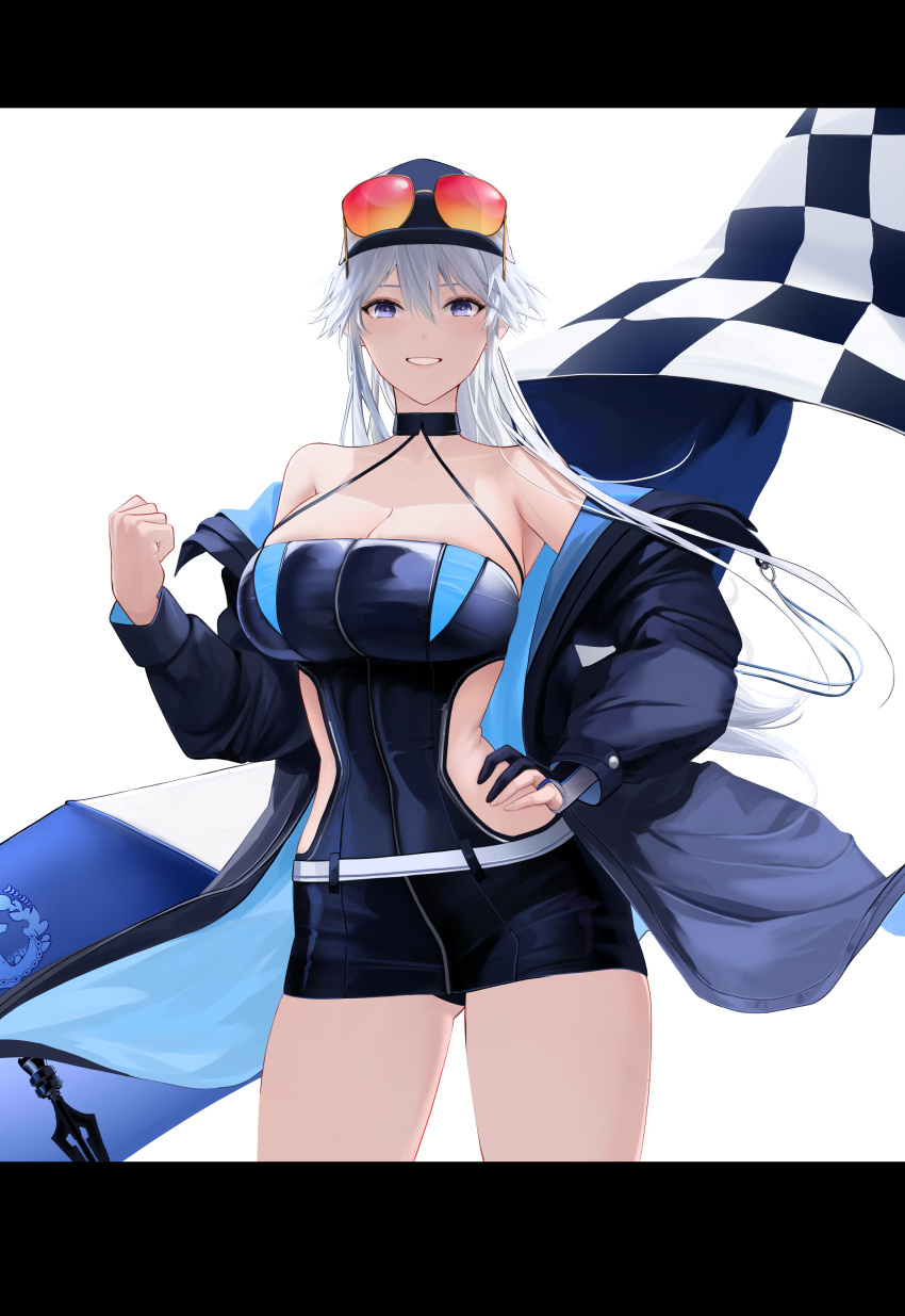 absurdres azur_lane belt checkered_flag dress enterprise_(azur_lane) enterprise_(wind_catcher)_(azur_lane) eyewear_on_headwear female fingerless_gloves flag gloves hair_through_headwear halter_dress halterneck hat highres latex latex_dress orange-tinted_eyewear purple_eyes race_queen scarfpen01 single_fingerless_glove sunglasses tinted_eyewear white_belt white_hair