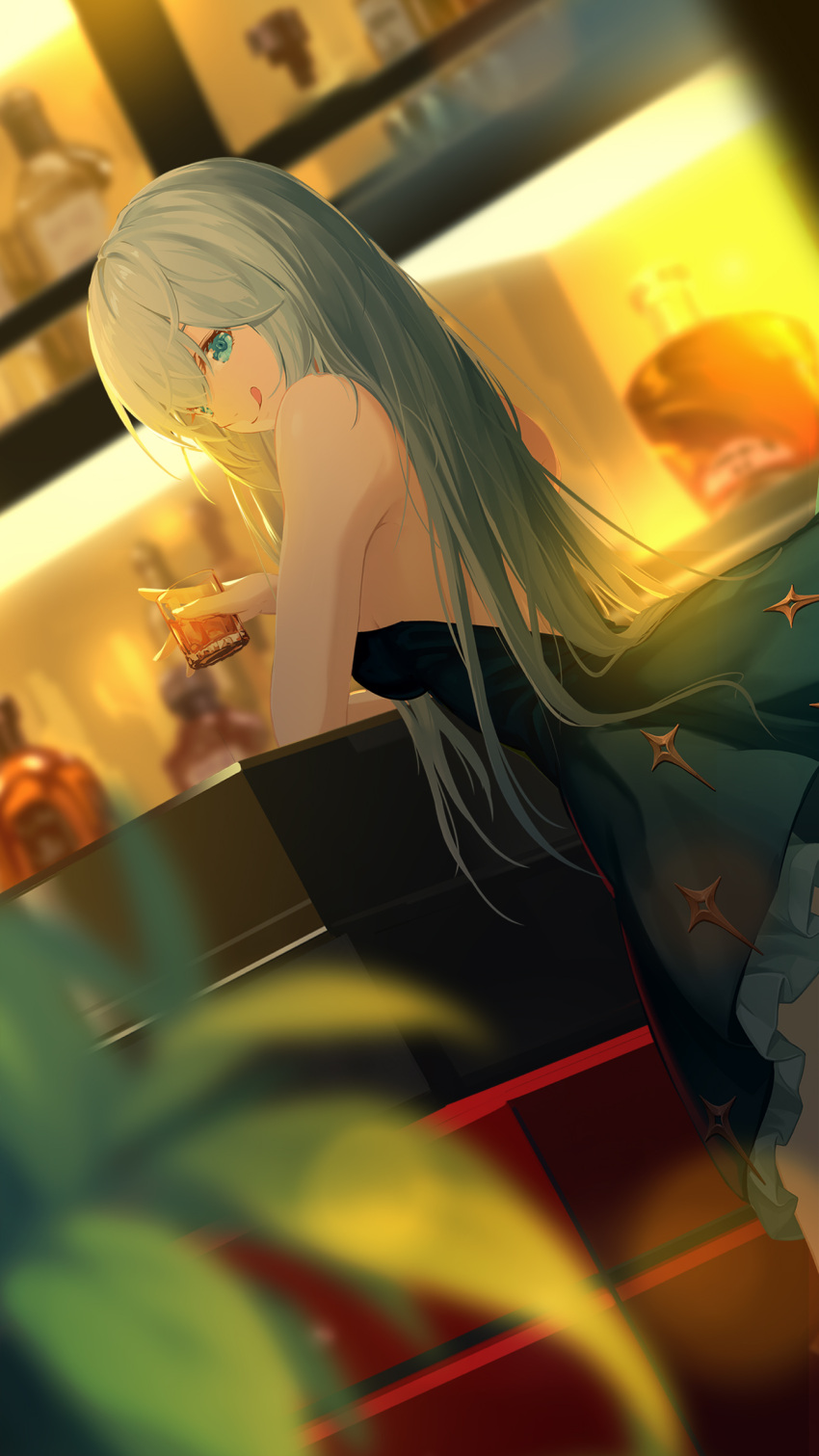 absurdres alcohol bar_(place) bottle counter cup double-parted_bangs dress drinking_glass eiyuu_densetsu female green_eyes hair_between_eyes highres holding holding_cup indoors kai_no_kiseki kuro_no_kiseki_(series) lancefate long_hair looking_at_viewer mixed-language_commentary plant potted_plant shelf shizuna_rem_misurugi smile solo tongue tongue_out whiskey white_hair wine_bottle