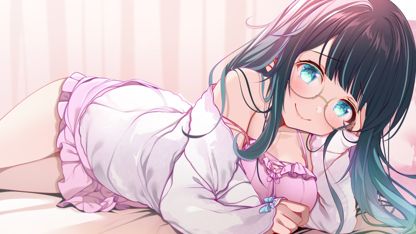 absurdres amano_nene_(vtuber) amano_nene_(vtuber)_(pajama) bedroom black_hair blue_eyes blunt_bangs blush breasts closed_mouth commission cowboy_shot dress female frilled_nightgown fur_jacket glasses hand_on_own_cheek hand_on_own_face head_rest head_tilt highres indoors jacket large_breasts long_hair long_sleeves looking_at_viewer lying messy_hair nightgown no_legwear official_alternate_costume official_alternate_hairstyle on_bed on_stomach origami_aya pink_dress pink_nightgown production_kawaii round_eyewear second-party_source skeb_commission sleepwear smile solo spaghetti_strap strap_slip virtual_youtuber white_jacket