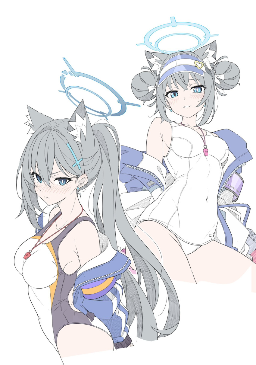 2girls alternate_hairstyle animal_ear_fluff animal_ears antenna_hair blue_archive blue_eyes blue_halo blue_jacket blush breasts closed_mouth collarbone commentary competition_swimsuit cosplay cowboy_shot dark_halo double_bun dual_persona ear_piercing extra_ears fubuki_(blue_archive) fubuki_(blue_archive)_(cosplay) fubuki_(swimsuit)_(blue_archive) grey_hair grin hair_between_eyes hair_bun halo highres innertube jacket kanna_(blue_archive) kanna_(blue_archive)_(cosplay) kanna_(swimsuit)_(blue_archive) large_breasts long_hair long_sleeves looking_at_viewer medium_breasts mismatched_pupils multiple_girls one-piece_swimsuit open_clothes open_jacket piercing ponytail school_swimsuit shiroko_(blue_archive) shiroko_terror_(blue_archive) short_hair simple_background smile swim_ring swimsuit symbol-only_commentary t1kosewad whistle whistle_around_neck white_background white_jacket white_one-piece_swimsuit wolf_ears