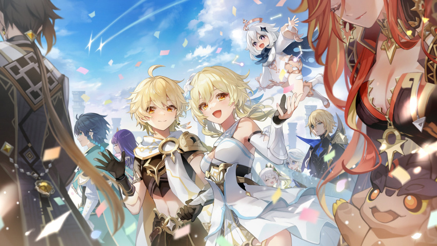 4boys 6+girls :d absurdres aether_(genshin_impact) black_shirt blonde_hair braid breasts brown_hair cape cleavage closed_eyes crop_top dainsleif_(genshin_impact) dress furina_(genshin_impact) genshin_impact green_cape highres long_hair low_ponytail lumine_(genshin_impact) mavuika_(genshin_impact) midriff multiple_boys multiple_girls nahida_(genshin_impact) official_art open_mouth orange_hair paimon_(genshin_impact) purple_hair qi2341 raiden_shogun second-party_source shirt short_hair smile stomach venti_(genshin_impact) very_long_hair white_dress white_hair white_romper zhongli_(genshin_impact)