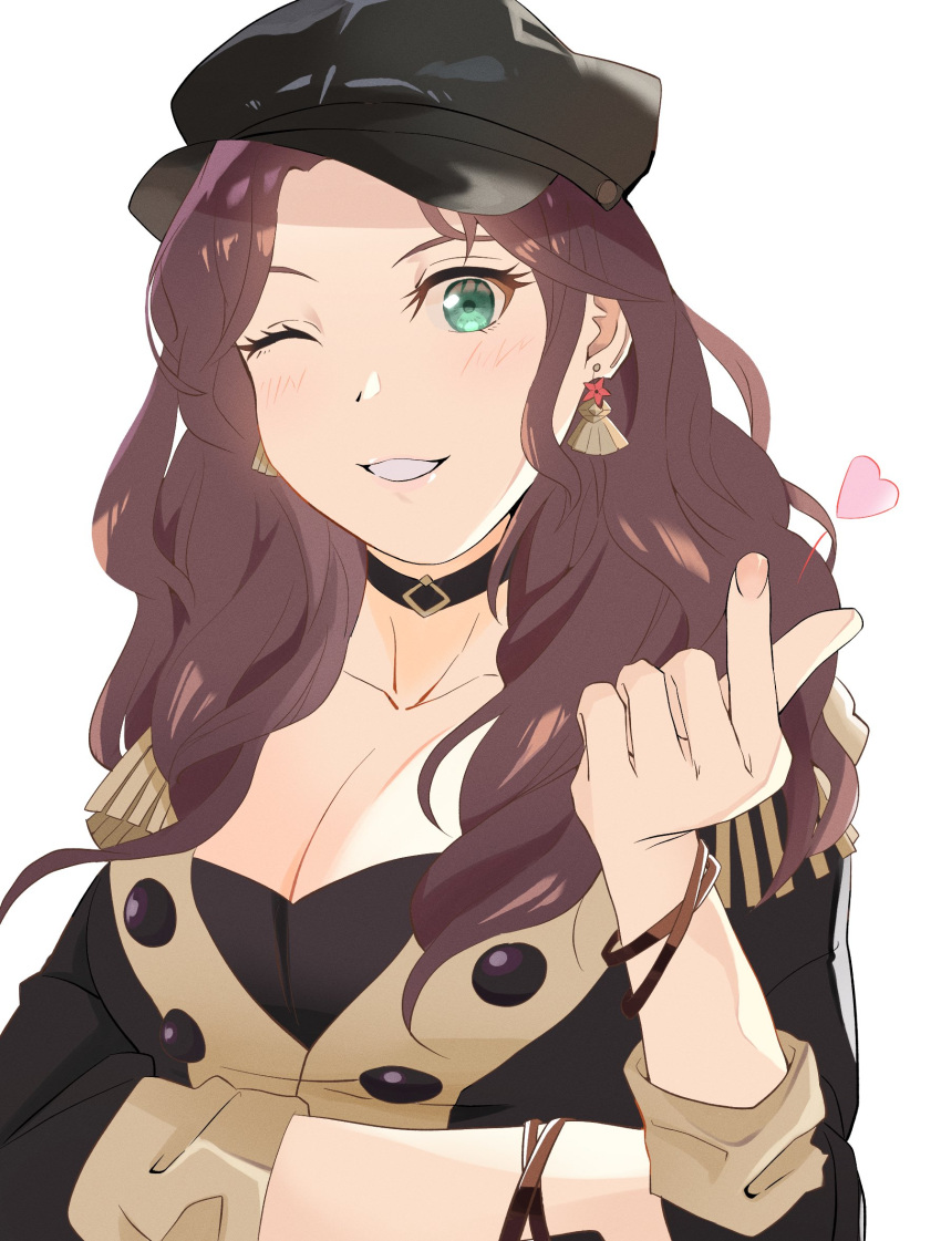 black_choker breasts brown_hair choker cleavage dorothea_arnault earrings female finger_heart fire_emblem fire_emblem:_three_houses green_eyes highres jewelry katsu_n1101 long_hair looking_at_viewer smile solo