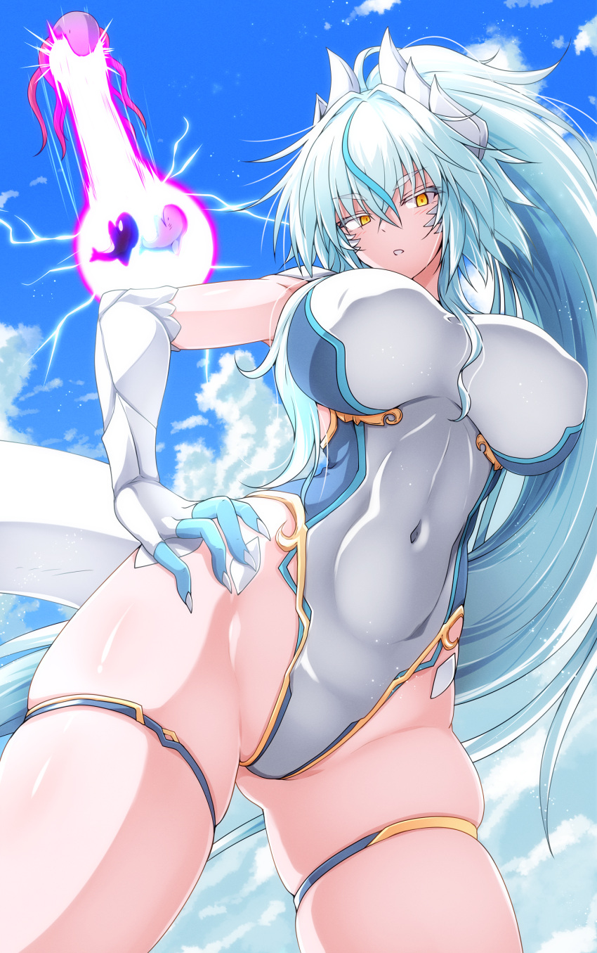 absurdres blue_hair blush breasts claws cleavage colored_eyelashes competition_swimsuit covered_navel dolphin dragon_claw dragon_girl dragon_horns dragon_tail father-son_kamehameha female g_(genesis1556) hair_between_eyes hand_on_own_hip high_ponytail highleg highleg_one-piece_swimsuit highres horns kamehameha_(dragon_ball) large_breasts long_hair looking_at_viewer lutian_(g_(genesis1556)) monster_girl multicolored_clothes multicolored_hair multicolored_swimsuit navel one-piece_swimsuit open_mouth orca original scales shark sharktopus skindentation streaked_hair swimsuit tail thigh_strap very_long_hair white_hair yellow_eyes