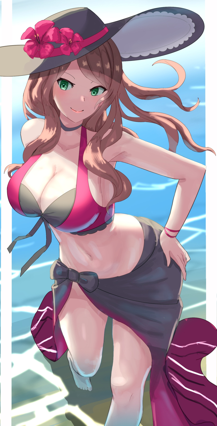 absurdres barefoot bikini black_bikini bracelet breasts brown_hair cleavage collarbone dorothea_arnault dorothea_arnault_(summer) female fire_emblem fire_emblem:_three_houses fire_emblem_heroes flower green_eyes hand_on_own_hip hat hibiscus highres jewelry large_breasts long_hair looking_at_viewer multicolored_bikini multicolored_clothes navel partially_submerged pink_bikini sarong smile solo sun_hat swimsuit tarutaru193 water