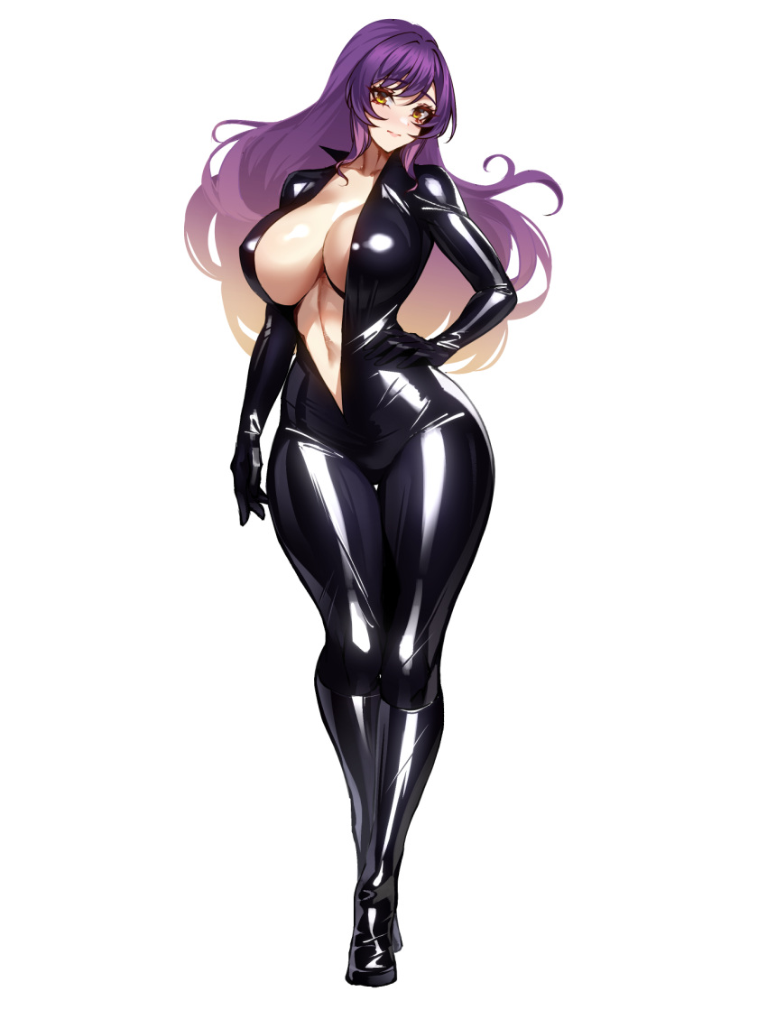 biker_clothes bikesuit black_footwear black_gloves bodysuit boots breasts brown_hair center_opening closed_mouth commentary_request full_body gloves gradient_hair hand_on_own_hip highres hijiri_byakuren large_breasts latex latex_bodysuit long_hair looking_at_viewer multicolored_hair purple_hair simple_background skin_tight smile touhou turbo_byakuren volyz white_background