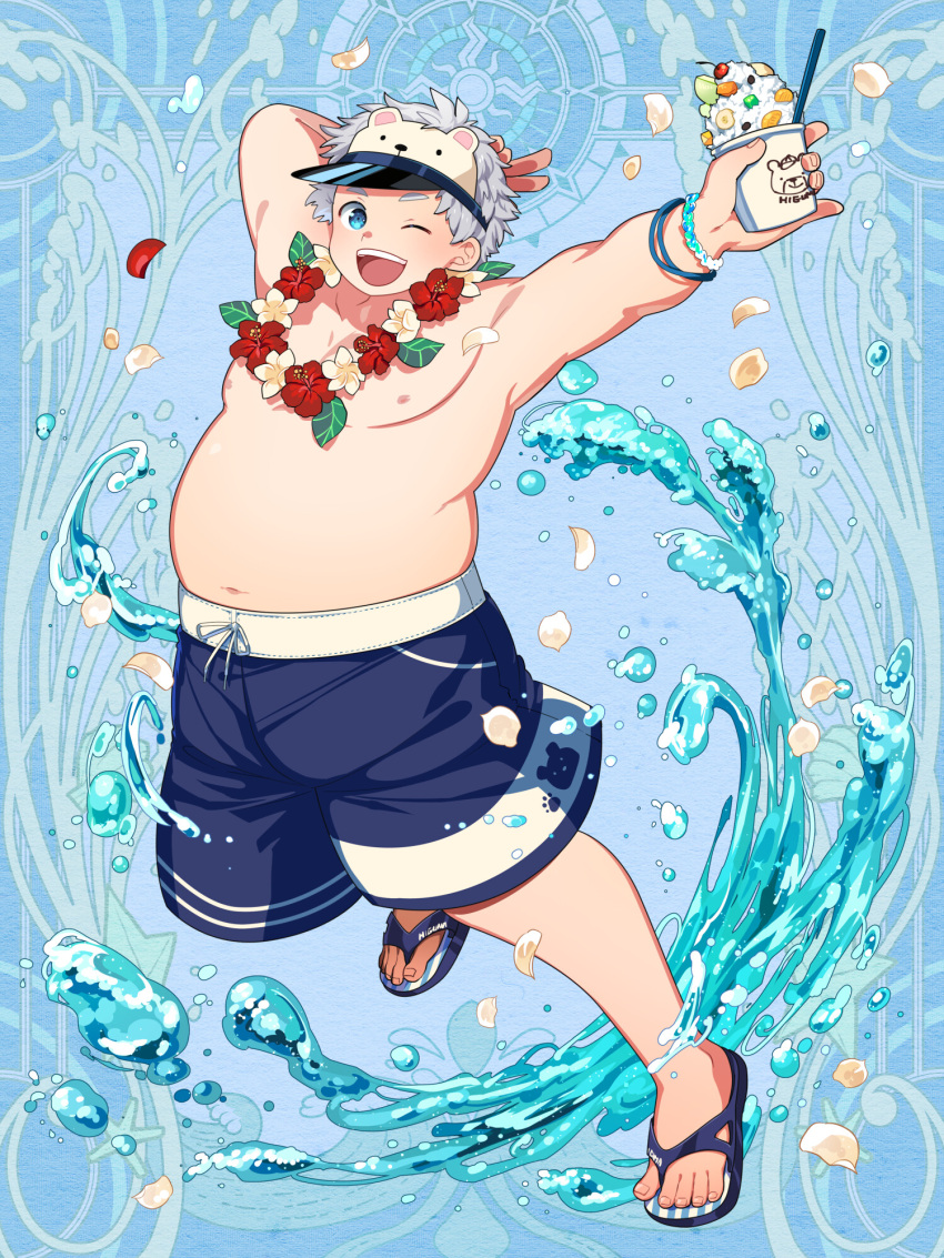 1boy ;d arm_up bara blue_background blue_swim_trunks bracelet dairoku_ryouhei flip-flops flower flower_necklace food grey_hair highres ice_cream jewelry l_(matador) lei male_focus one_eye_closed petals plump sandals smile solo suzuka_koharu topless_male visor_cap water