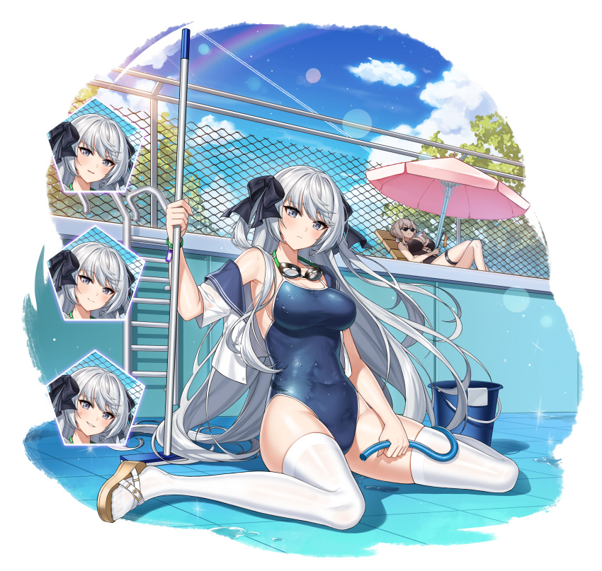 2girls absurdres alternate_costume armpits bad_id bad_pixiv_id bare_shoulders beach_umbrella black_one-piece_swimsuit blue_eyes blue_one-piece_swimsuit bow breasts bucket chain-link_fence collarbone competition_school_swimsuit contrail controlline3 counter:side covered_navel edel_meitner empty_pool expressions fence floating_hair frown goggles goggles_around_neck grey_hair hairbow highres holding hose korean_commentary large_breasts long_hair looking_at_viewer mop multiple_girls off_shoulder official_art one-piece_swimsuit open_clothes open_shirt pool pool_ladder regina_maccready sailor_collar sailor_shirt school_swimsuit shirt short_sleeves simple_background sitting solo_focus swimsuit thighhighs thighs umbrella very_long_hair wariza wet white_background white_shirt white_thighhighs