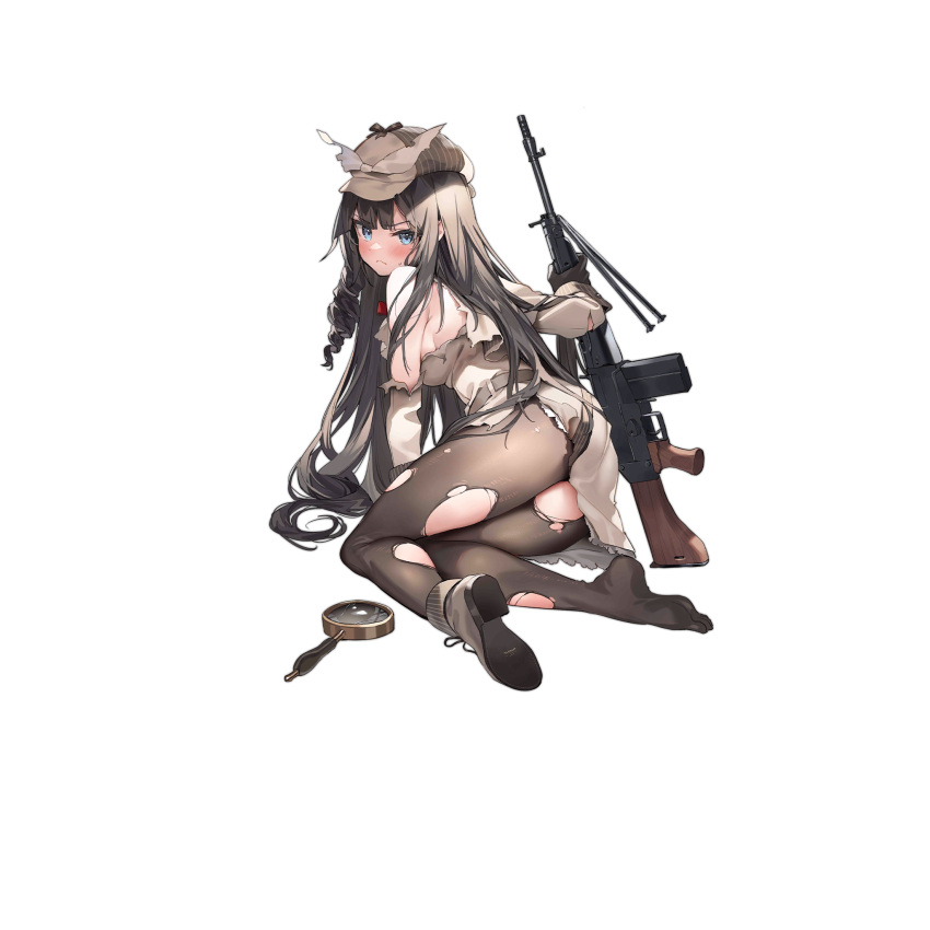 >:( ascot banned_artist battle_rifle beige_coat belt bipod black_gloves blue_eyes blush boot_removed boots bow breasts brown_hair brown_legwear cabbie_hat coat cracked_glass damaged drill_hair drill_locks female full_body girls'_frontline gloves gun hair_flowing_over hat hat_bow highres holding holding_gun holding_weapon howa_type_64 howa_type_64_(a_job_that_doesn't_suit_her)_(girls'_frontline) howa_type_64_(girls'_frontline) lace_trim long_hair looking_at_viewer looking_back magnifying_glass official_alternate_costume official_art pantyhose parsley-f rifle sideboob sidelocks sitting solo strap sweatdrop thighs torn_clothes torn_coat torn_legwear transparent_background trench_coat tsurime v-shaped_eyebrows very_long_hair weapon white_bow yokozuwari