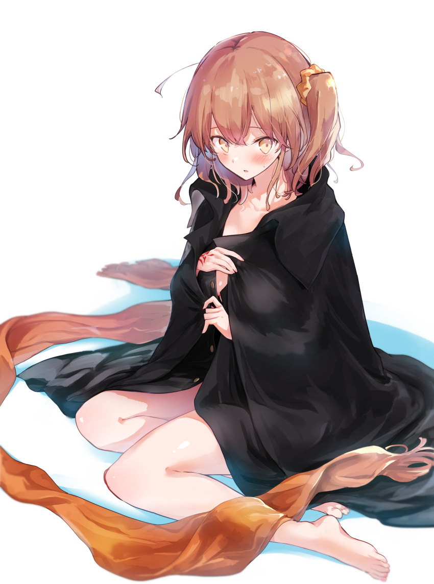 absurdres akizuki_maku barefoot black_jacket blush command_spell commentary fate/grand_order fate_(series) female fujimaru_ritsuka_(female) hair_ornament hair_scrunchie highres jacket legs naked_jacket orange_eyes orange_hair orange_scarf orange_scrunchie parted_lips scarf scrunchie side_ponytail simple_background sitting solo sweatdrop white_background yokozuwari