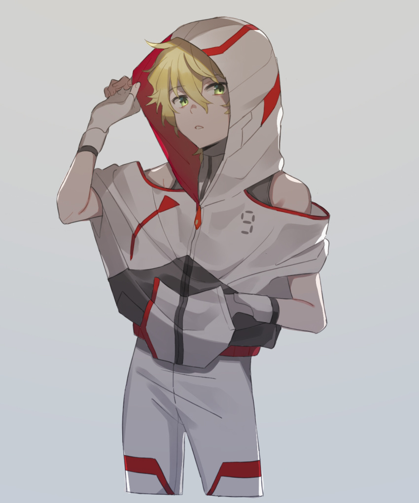 1boy adjusting_hood bare_shoulders blonde_hair collar commentary_request darling_in_the_franxx fingerless_gloves gloves green_eyes grey_background hair_between_eyes hand_in_pocket highres hood hood_up hoodie looking_at_viewer male_focus messy_hair nine_alpha pants parted_lips short_sleeves simple_background solo standing unapoppo white_gloves white_hood white_hoodie white_pants