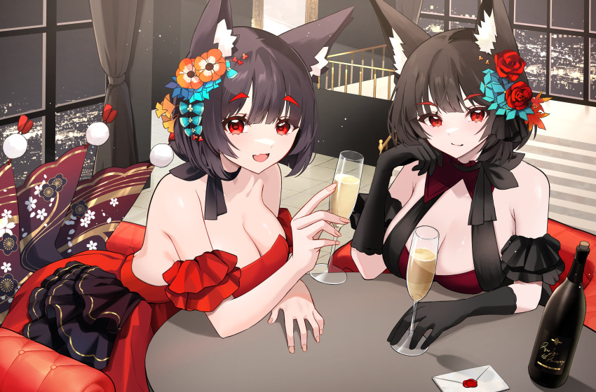 2girls :d absurdres animal_ears azur_lane bare_shoulders black_gloves blush breast_rest breasts breasts_on_table brown_hair cat_ears cat_girl cleavage commentary_request cup dress drinking_glass flower gloves hair_between_eyes hair_flower hair_ornament hand_on_own_cheek hand_on_own_face hand_on_table hand_up happy head_rest highres holding holding_cup indoors large_breasts leaning_forward letter looking_at_viewer medium_hair multiple_girls oerba_yun_fang orange_flower red_dress red_eyes red_flower red_rose rose sleeveless sleeveless_dress slit_pupils smile strapless strapless_dress upper_body yamaha_tsui yamashiro_(azur_lane) yamashiro_(dressy_black_cat)_(azur_lane) yamashiro_(meta)_(azur_lane)