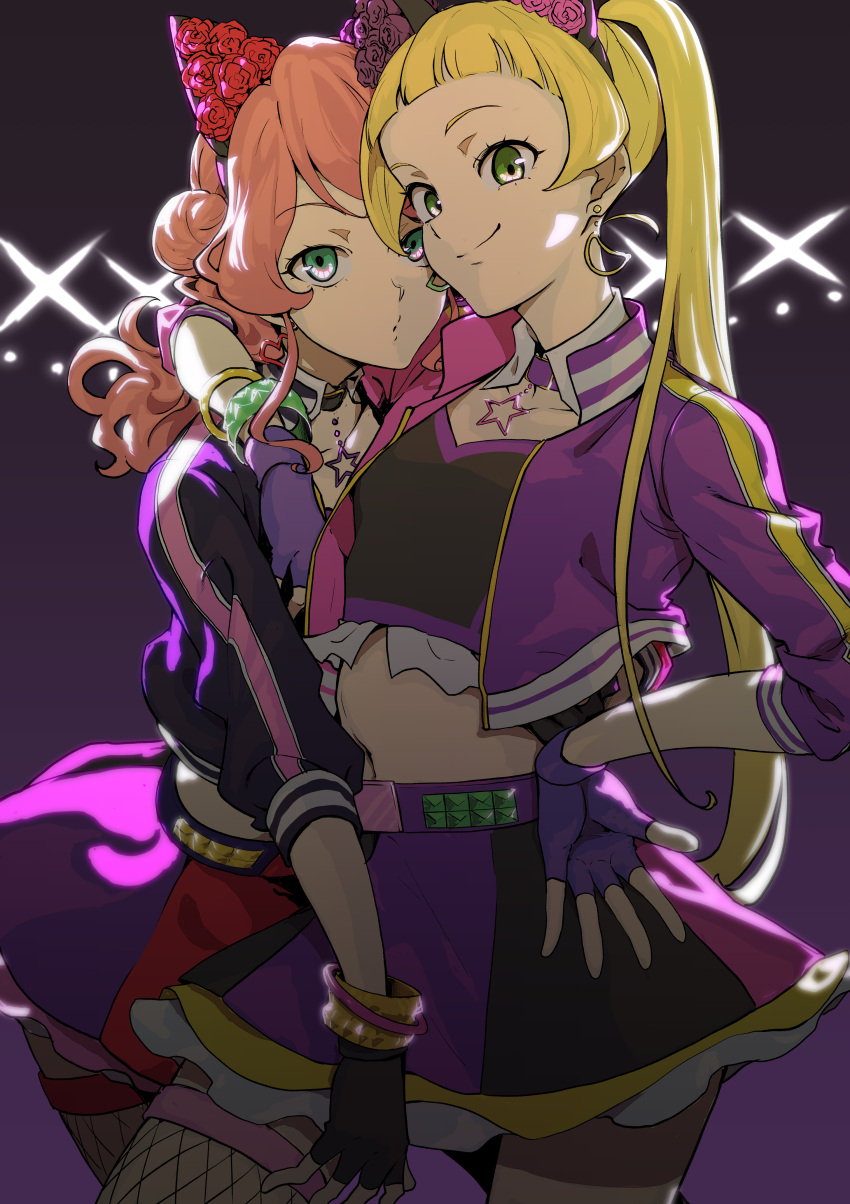 2girls absurdres aikatsu! aikatsu!_(series) aikatsu_friends! animal_ear_hairband animal_ears arm_around_shoulder arm_around_waist arms_around_neck bangle belt black_background black_choker black_gloves black_hairband black_jacket blonde_hair blunt_bangs bracelet cat_ear_hairband cat_ears choker chono_maika closed_mouth collarbone cowboy_shot crop_top cropped_jacket detached_collar earrings fake_animal_ears fingerless_gloves fishnet_thighhighs fishnets flower frilled_skirt frills galbi_(iouytuuyio) gloves gradient_background green_eyes hair_bun hair_flower hair_ornament hairband hand_on_another's_hip hand_on_own_hip heart highres hinata_ema_(aikatsu_friends!) hug idol jacket jewelry long_hair long_sleeves looking_at_viewer midriff miniskirt multiple_girls navel necklace open_clothes open_jacket pink_hair pink_jacket puckered_lips purple_background purple_flower purple_gloves purple_jacket purple_rose purple_skirt red_flower red_rose red_skirt rose shirt simple_background single_thighhigh skirt smile sparkle standing star_(symbol) stomach thighhighs twintails wavy_hair