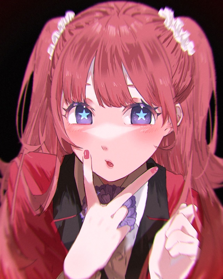 black_background blazer blush collared_shirt female highres hyakkaou_academy_school_uniform jacket kakegurui kkheicho long_hair looking_at_viewer open_mouth pink_hair pink_nails red_jacket school_uniform shirt solo star-shaped_pupils star_(symbol) symbol-shaped_pupils twintails v white_shirt yumemite_yumemi