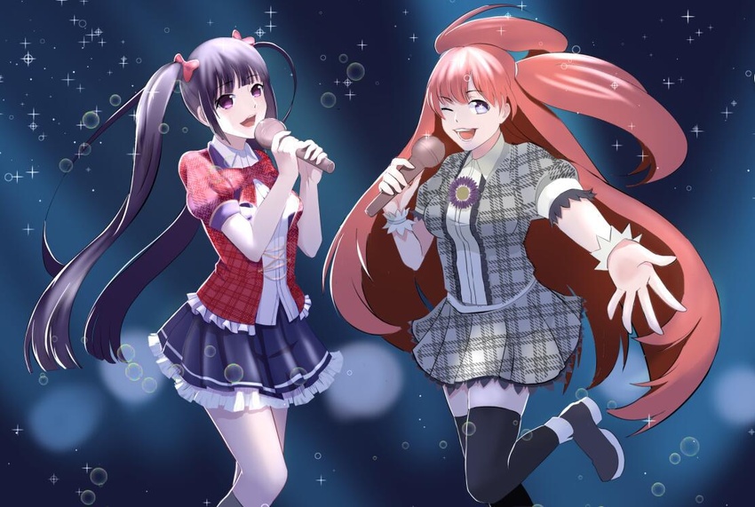 2girls black_hair black_legwear jabami_yumeko joe_lee kakegurui long_hair microphone multiple_girls one_eye_closed open_mouth pink_hair star-shaped_pupils star_(symbol) symbol-shaped_pupils teeth thighhighs twintails upper_teeth_only yumemite_yumemi